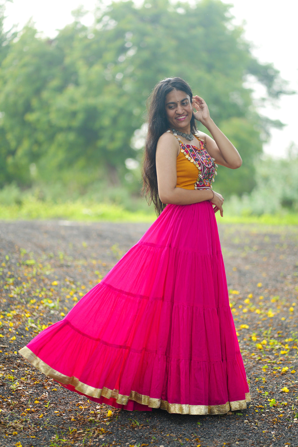 RANI PINK AND MUSTARD CHANIYA CHOLI HANDMADEAHOLIC BY MISHKA