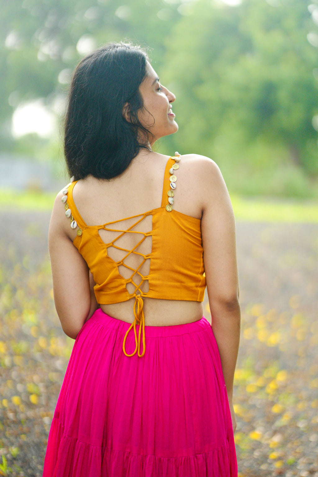 RANI PINK AND MUSTARD CHANIYA CHOLI HANDMADEAHOLIC BY MISHKA