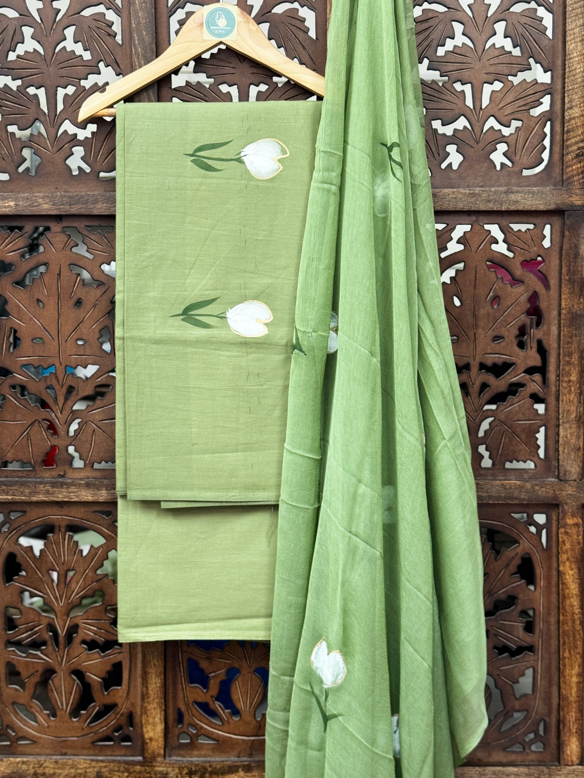 Sage Green Floral Bloom Handblock Mul Cotton Suit Set with Delicate Chiffon Dupatta HANDMADEAHOLIC BY MISHKA