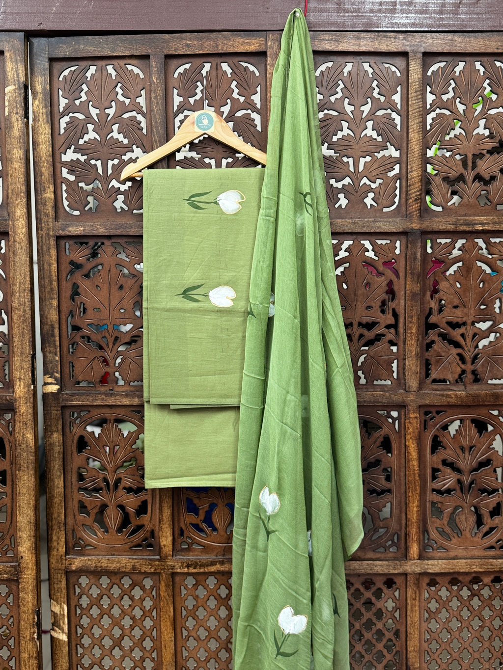 Sage Green Floral Bloom Handblock Mul Cotton Suit Set with Delicate Chiffon Dupatta HANDMADEAHOLIC BY MISHKA