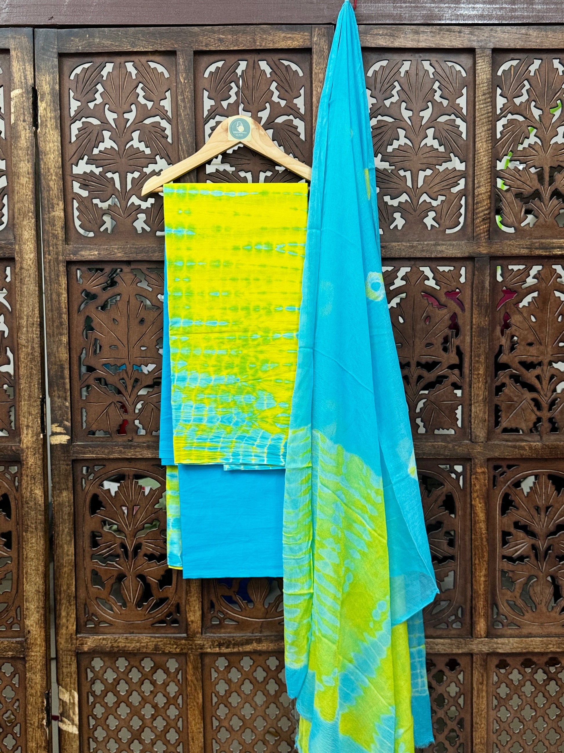 Hand-Dyed Neon Zest & Azure Blue Mul Cotton Unstitched Suit Set with Flowy Chiffon Dupatta HANDMADEAHOLIC BY MISHKA