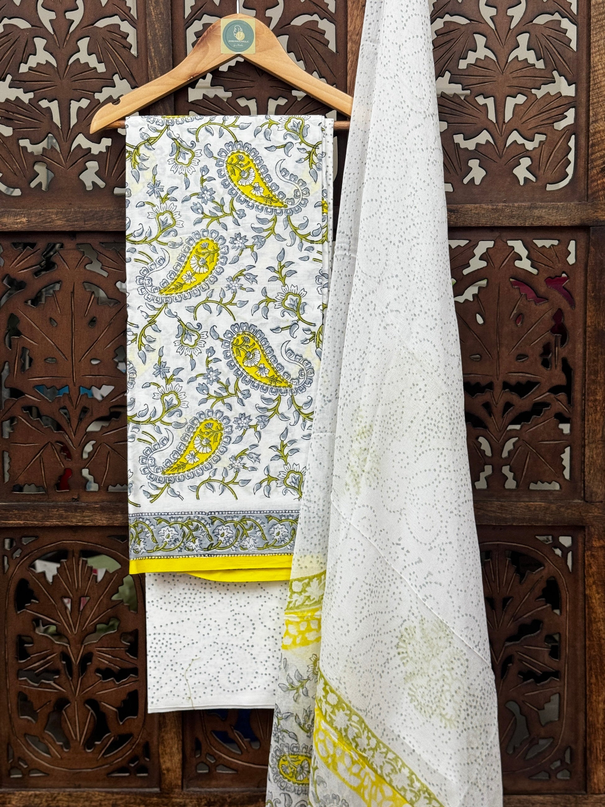Sun-Kissed Sanganeri: Handblock Mul Cotton Unstitched Suit Set with Chiffon Dupatta HANDMADEAHOLIC BY MISHKA