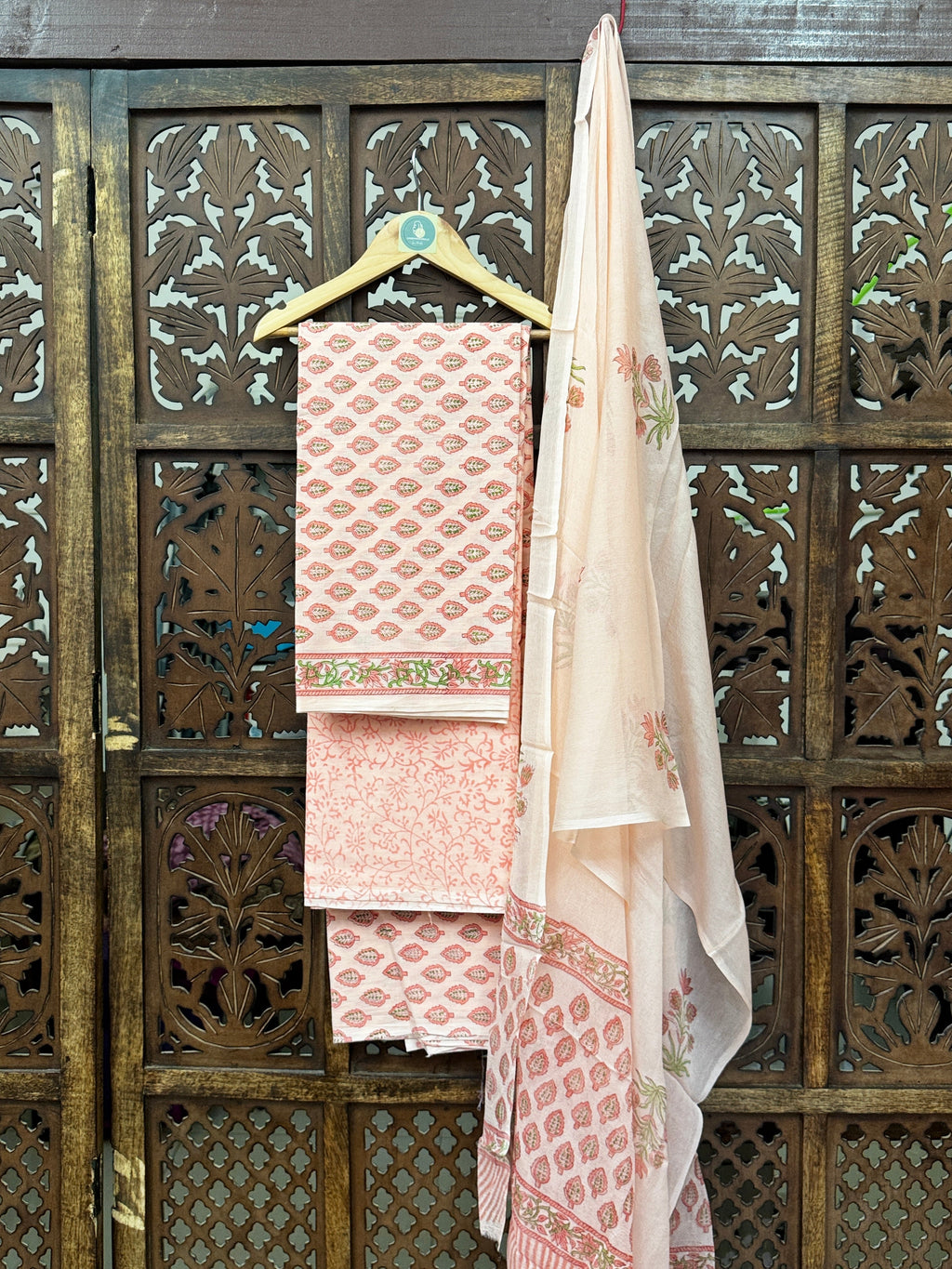 Peach Blossom Handblock Printed Mul Cotton Unstitched Suit Set with Chiffon Dupatta HANDMADEAHOLIC BY MISHKA