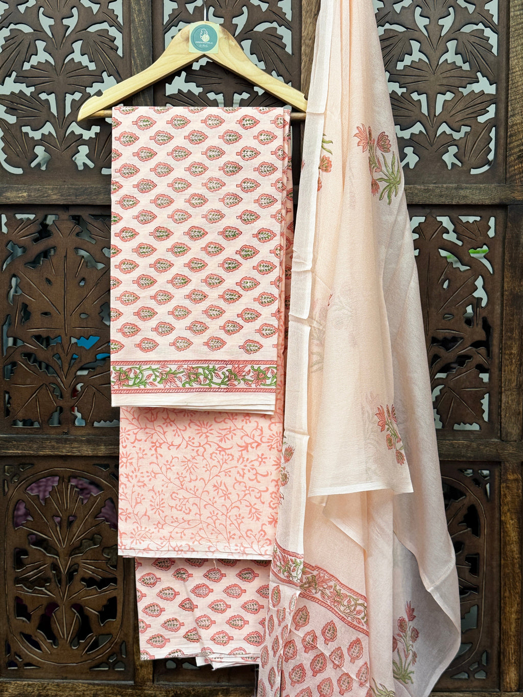 Peach Blossom Handblock Printed Mul Cotton Unstitched Suit Set with Chiffon Dupatta HANDMADEAHOLIC BY MISHKA
