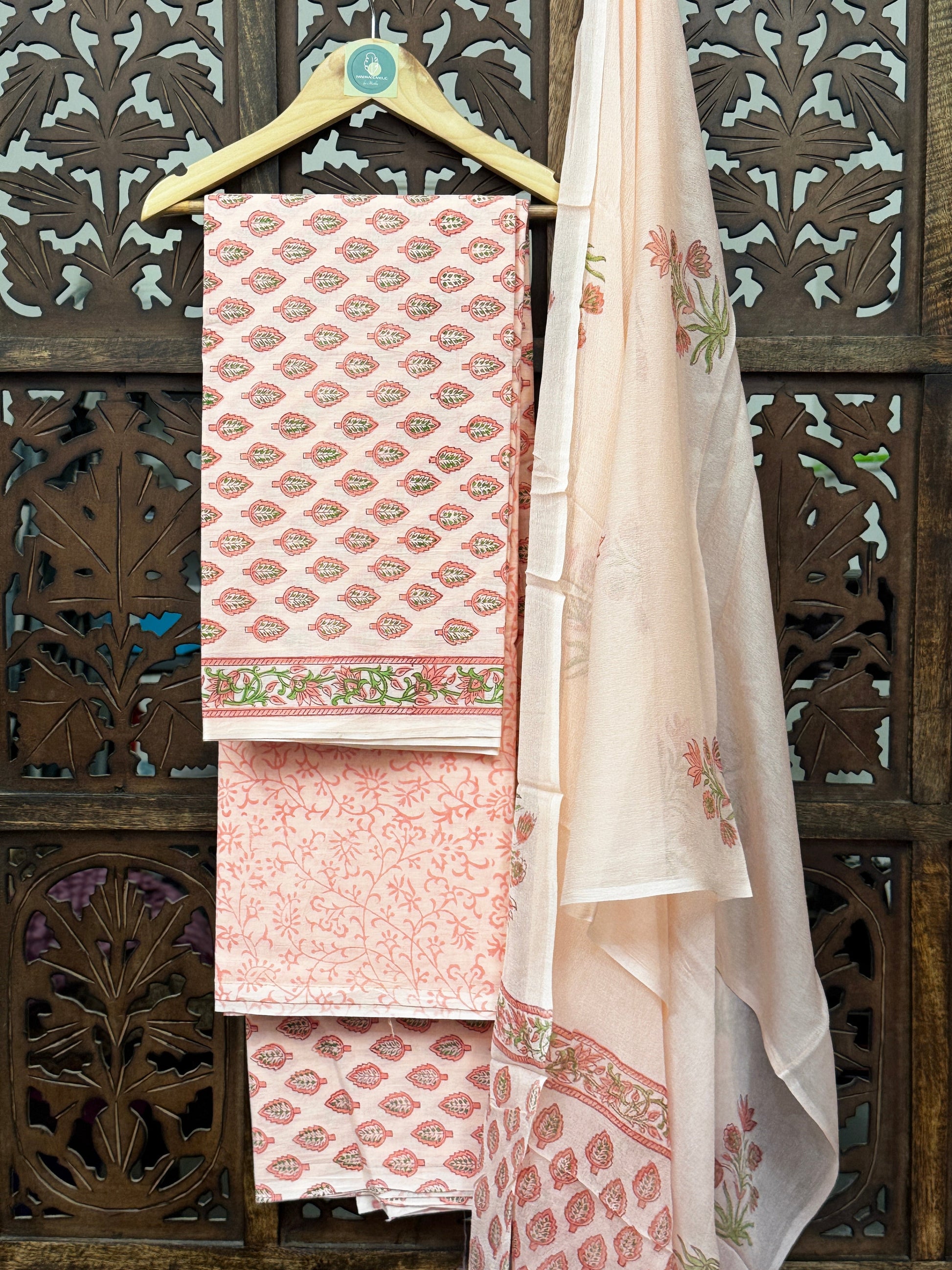 Peach Blossom Handblock Printed Mul Cotton Unstitched Suit Set with Chiffon Dupatta HANDMADEAHOLIC BY MISHKA