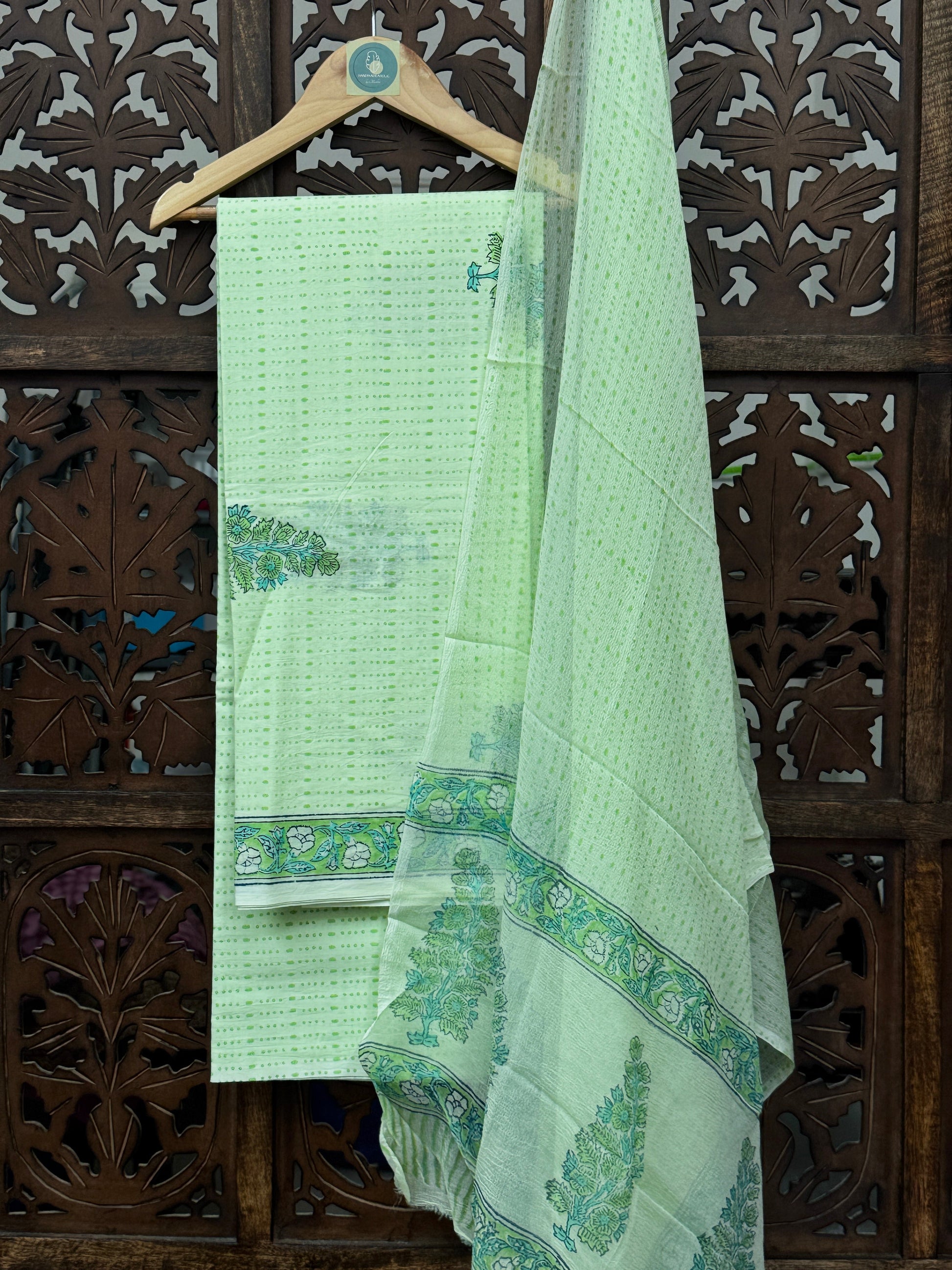 Pistachio Mint Handblock Mul-Cotton Unstitched Suit Set with Chiffon Dupatta HANDMADEAHOLIC BY MISHKA