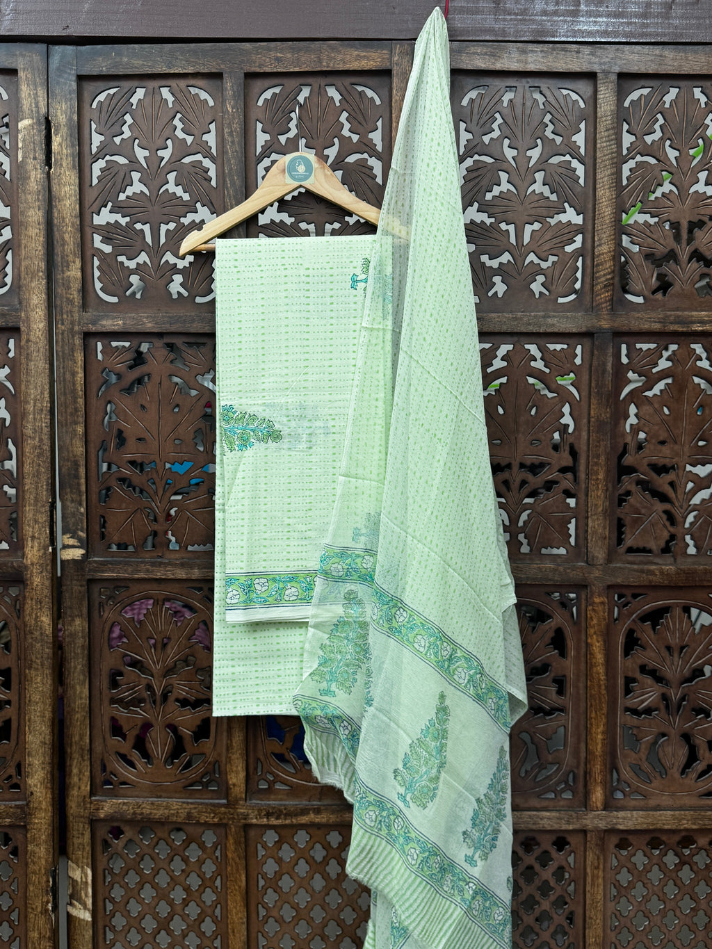 Pistachio Mint Handblock Mul-Cotton Unstitched Suit Set with Chiffon Dupatta HANDMADEAHOLIC BY MISHKA