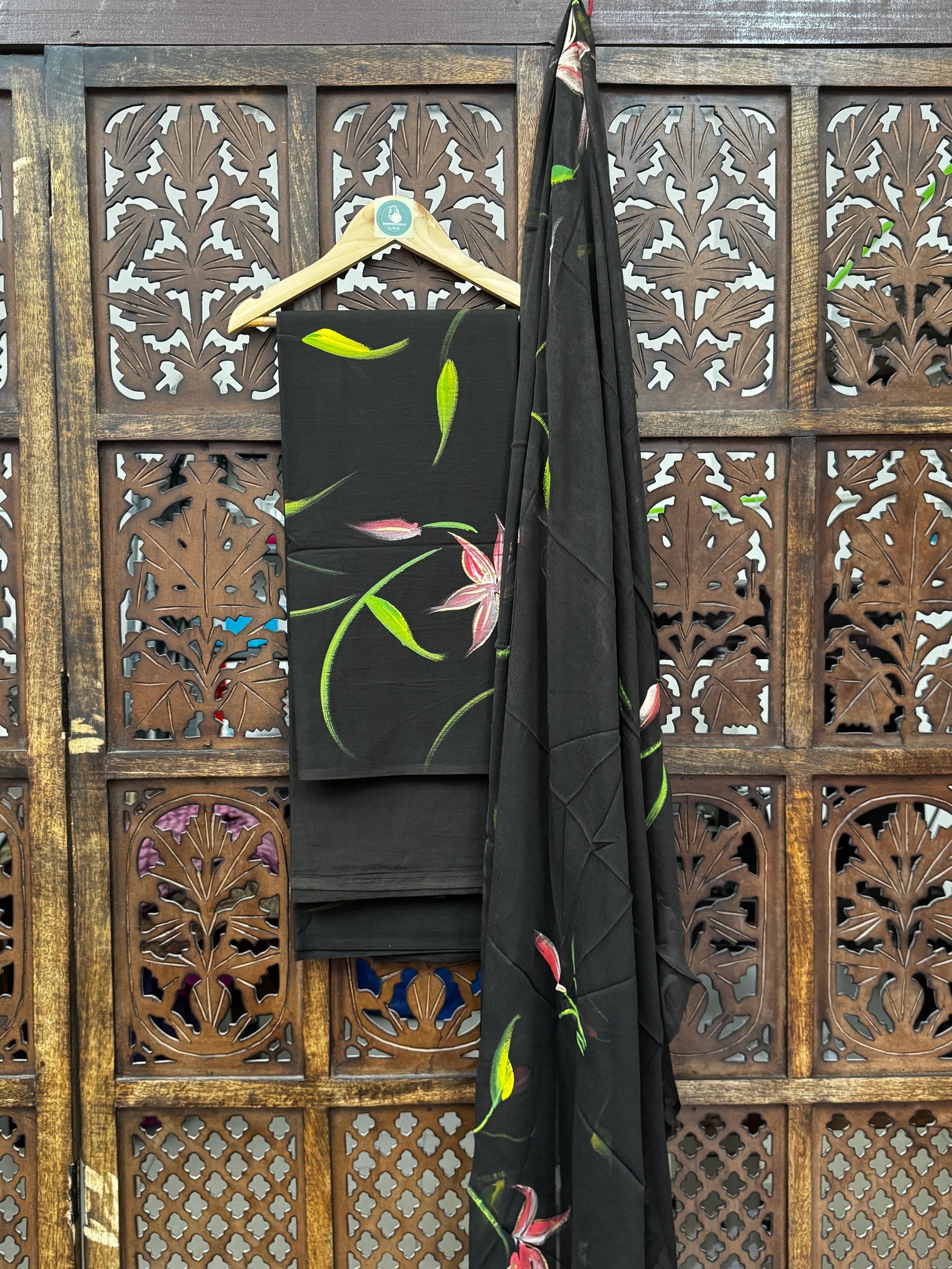 Midnight Bloom Hand-Painted Mul Cotton Unstitched Suit Set with Chiffon Dupatta HANDMADEAHOLIC BY MISHKA