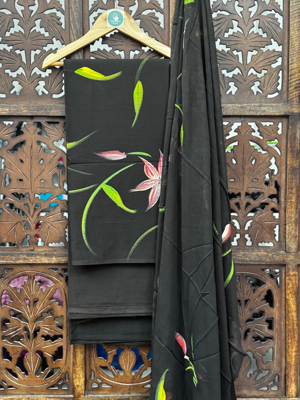 Midnight Bloom Hand-Painted Mul Cotton Unstitched Suit Set with Chiffon Dupatta HANDMADEAHOLIC BY MISHKA