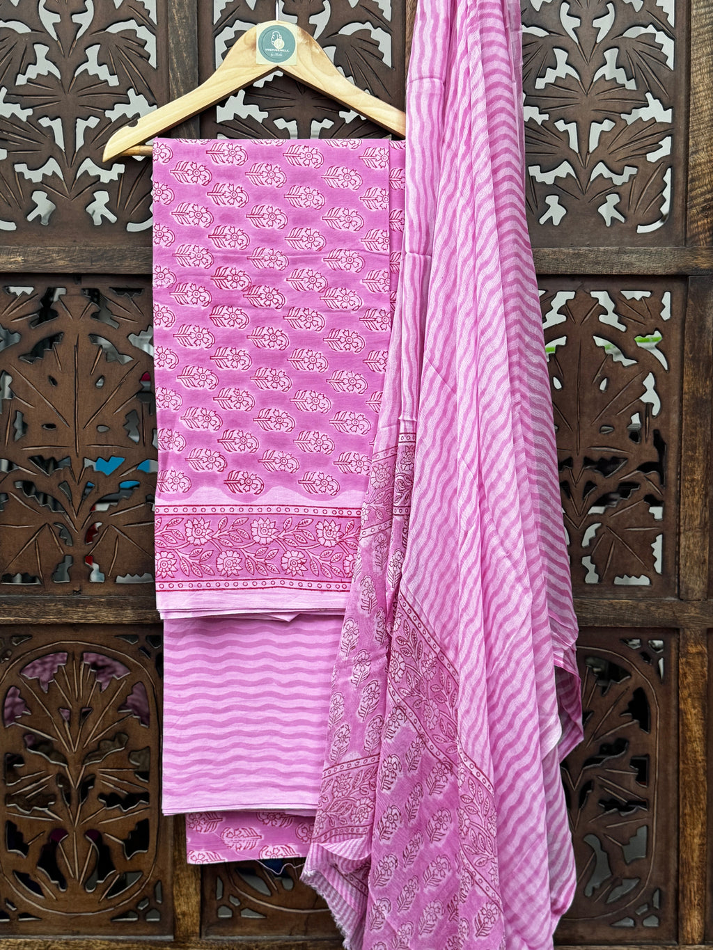Blush Rose Handblock Mul Cotton Unstitched Suit Set with Flowing Chiffon Dupatta HANDMADEAHOLIC BY MISHKA