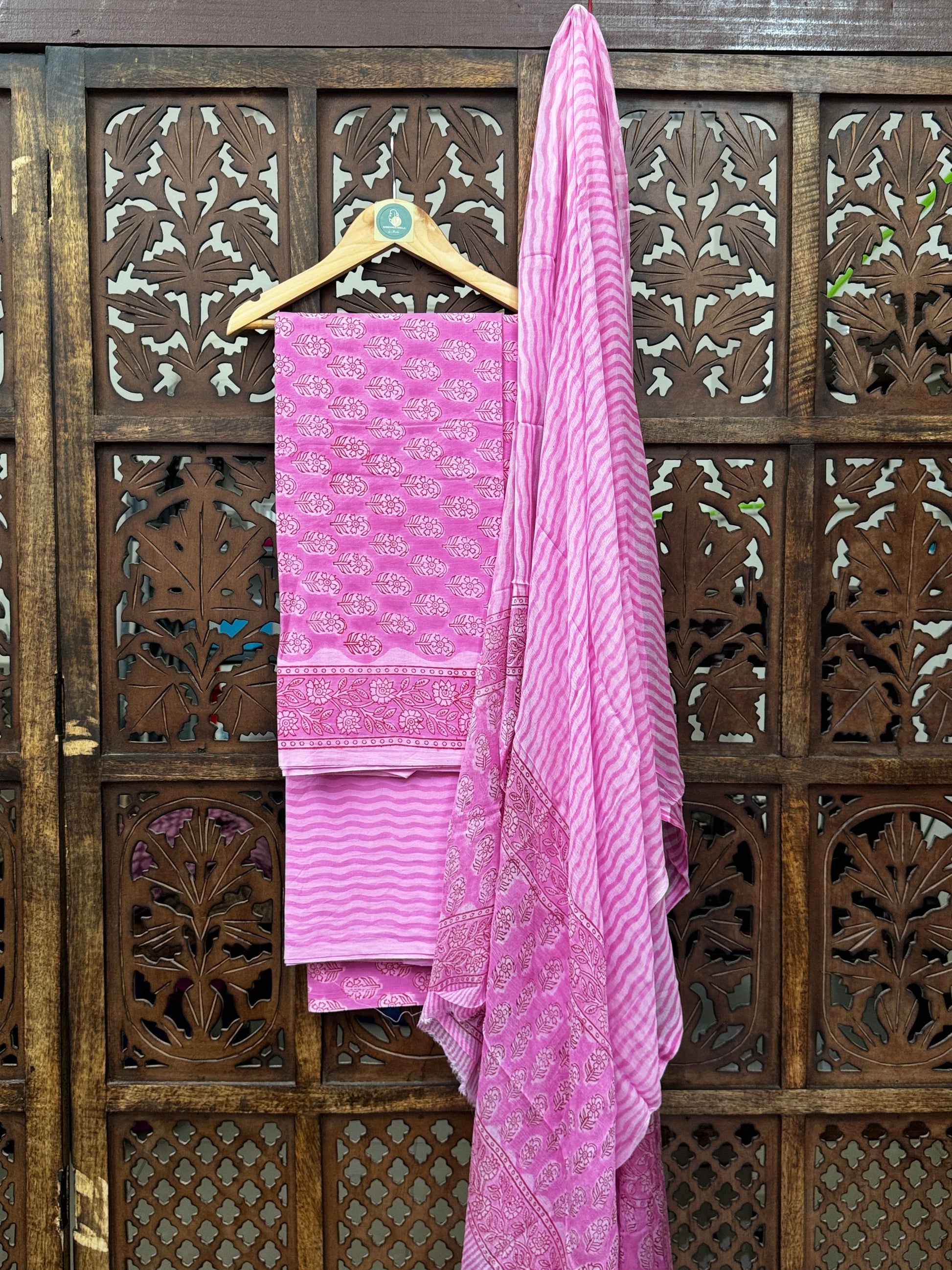 Blush Rose Handblock Mul Cotton Unstitched Suit Set with Flowing Chiffon Dupatta HANDMADEAHOLIC BY MISHKA