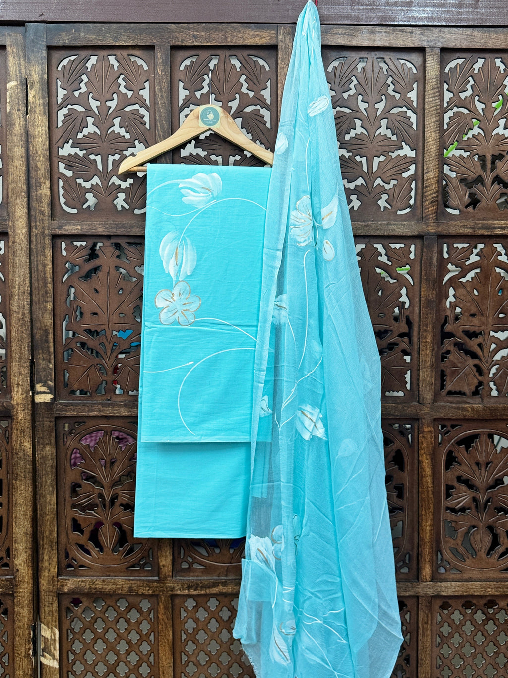 Serene Turquoise Hand-Painted Mul Cotton Unstitched Suit Set with Flowing Chiffon Dupatta HANDMADEAHOLIC BY MISHKA