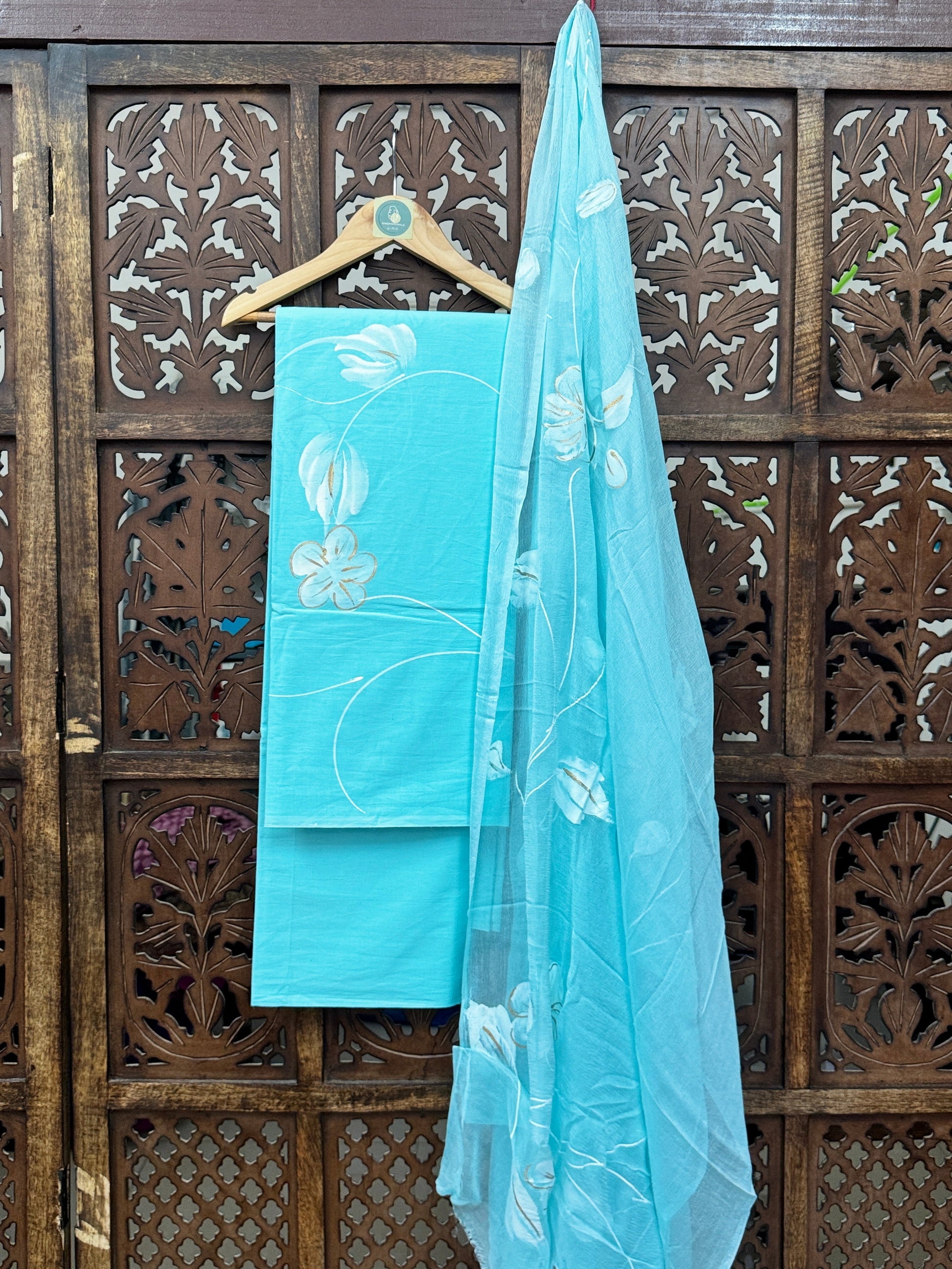 Serene Turquoise Hand-Painted Mul Cotton Unstitched Suit Set with Flowing Chiffon Dupatta HANDMADEAHOLIC BY MISHKA