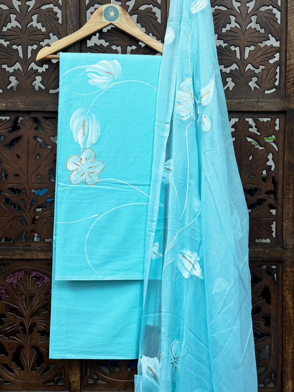 Serene Turquoise Hand-Painted Mul Cotton Unstitched Suit Set with Flowing Chiffon Dupatta HANDMADEAHOLIC BY MISHKA