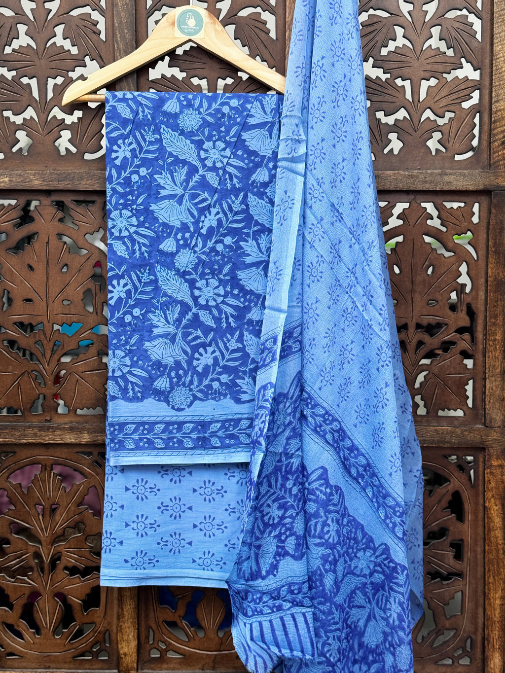 Azure Blossom Hand-Block Mul Cotton Unstitched Suit Set with Flowing Chiffon Dupatta HANDMADEAHOLIC BY MISHKA