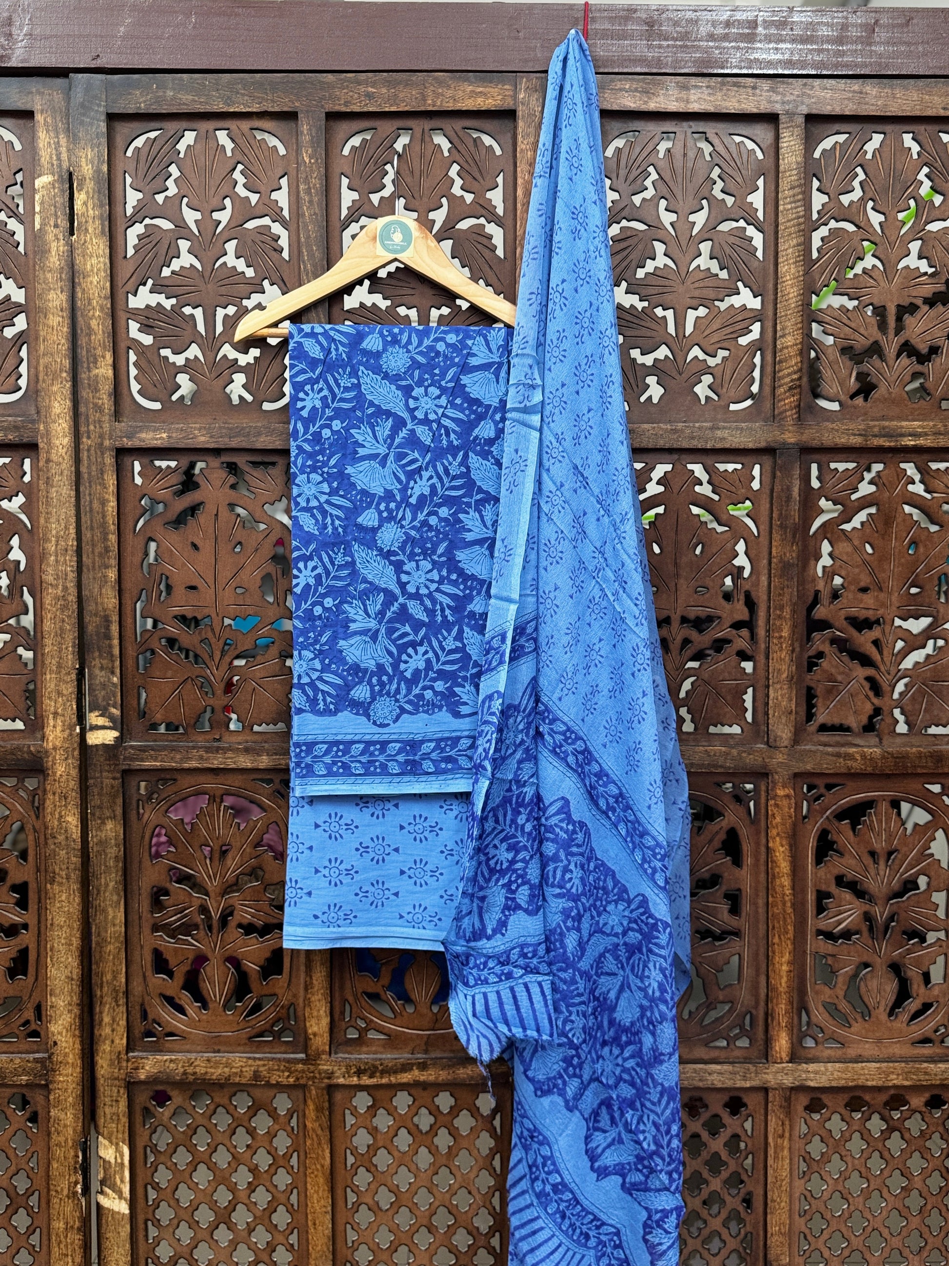 Azure Blossom Hand-Block Mul Cotton Unstitched Suit Set with Flowing Chiffon Dupatta HANDMADEAHOLIC BY MISHKA
