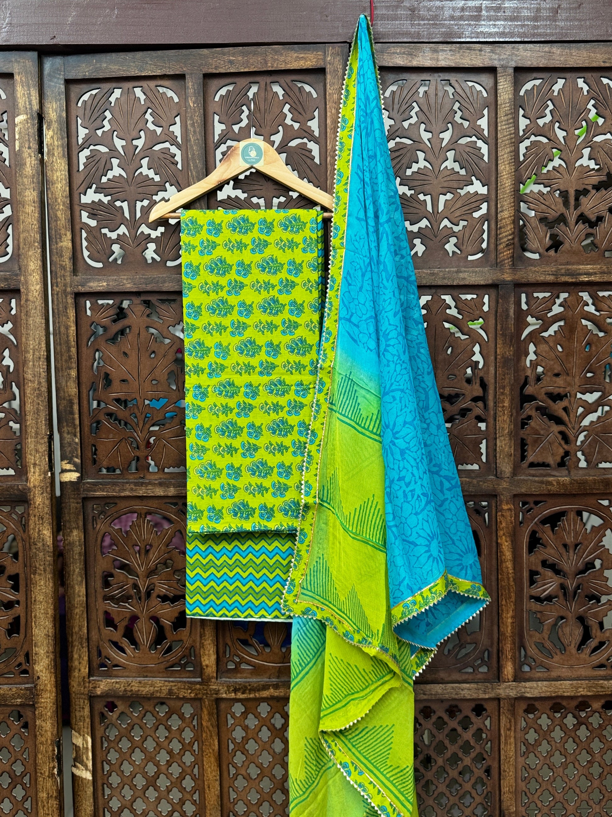 Azure-Lime Handblock Mul Cotton Unstitched Suit Set with Gota-Lace Chiffon Dupatta HANDMADEAHOLIC BY MISHKA