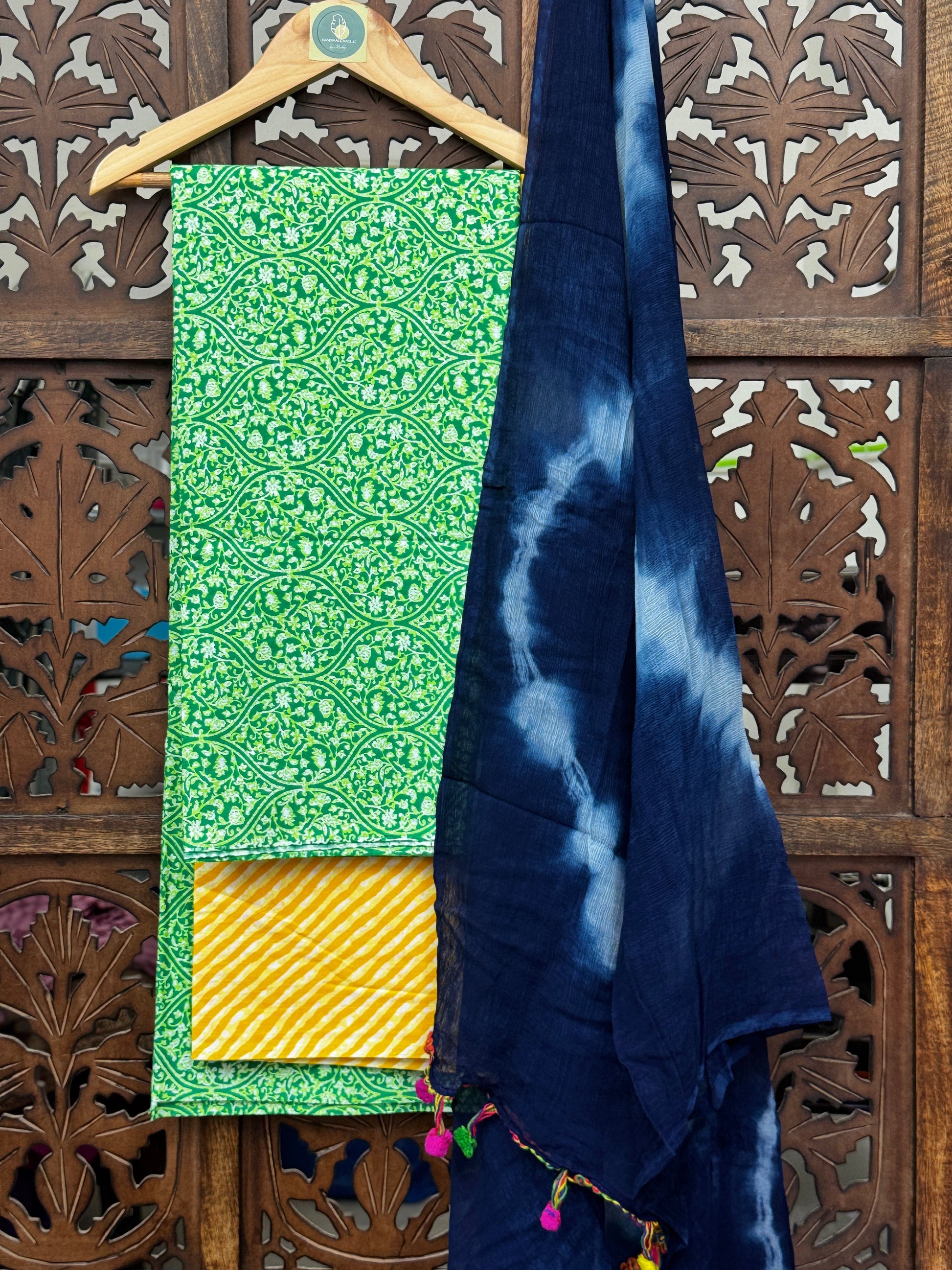 Vibrant Meadow Handblock Mul Cotton Suit Set with Shibori Chiffon Dupatta HANDMADEAHOLIC BY MISHKA
