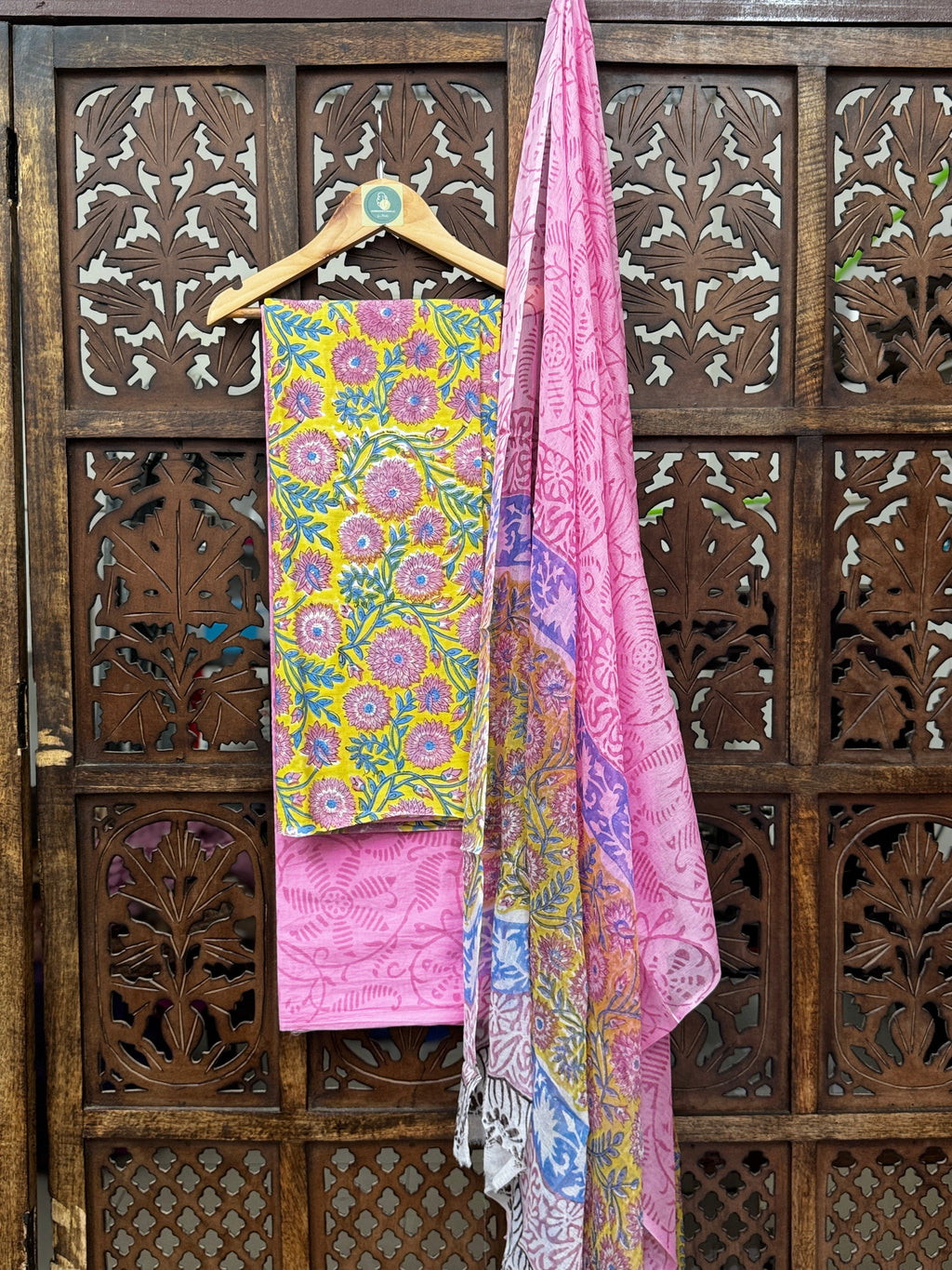 Sun-Kissed Bloom: Handblock Mul Cotton Unstitched Suit Set with Artisanal Chiffon Dupatta HANDMADEAHOLIC BY MISHKA