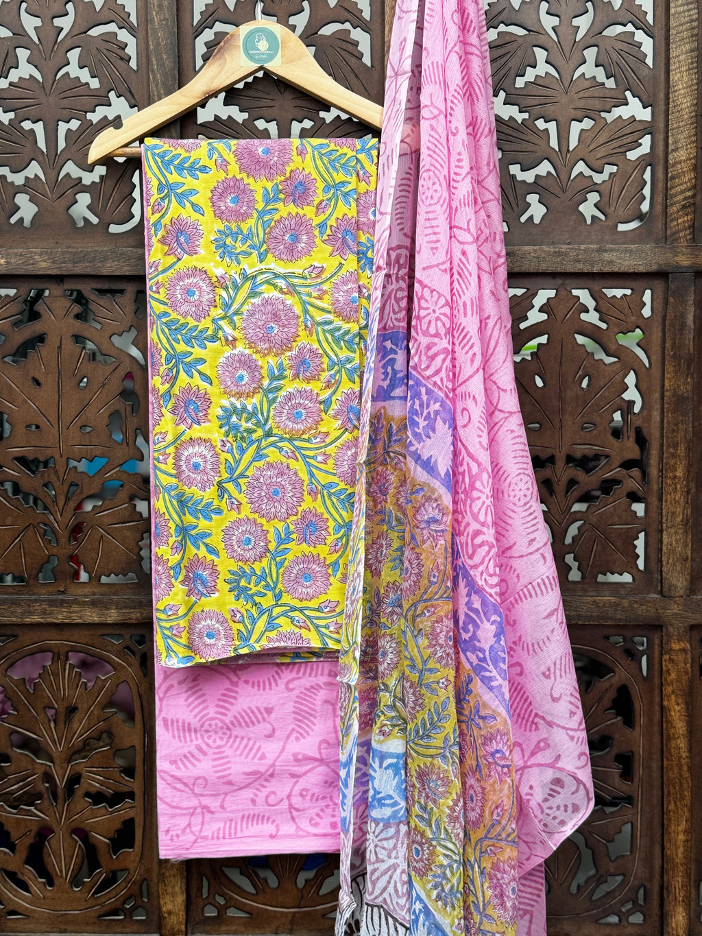 Sun-Kissed Bloom: Handblock Mul Cotton Unstitched Suit Set with Artisanal Chiffon Dupatta HANDMADEAHOLIC BY MISHKA