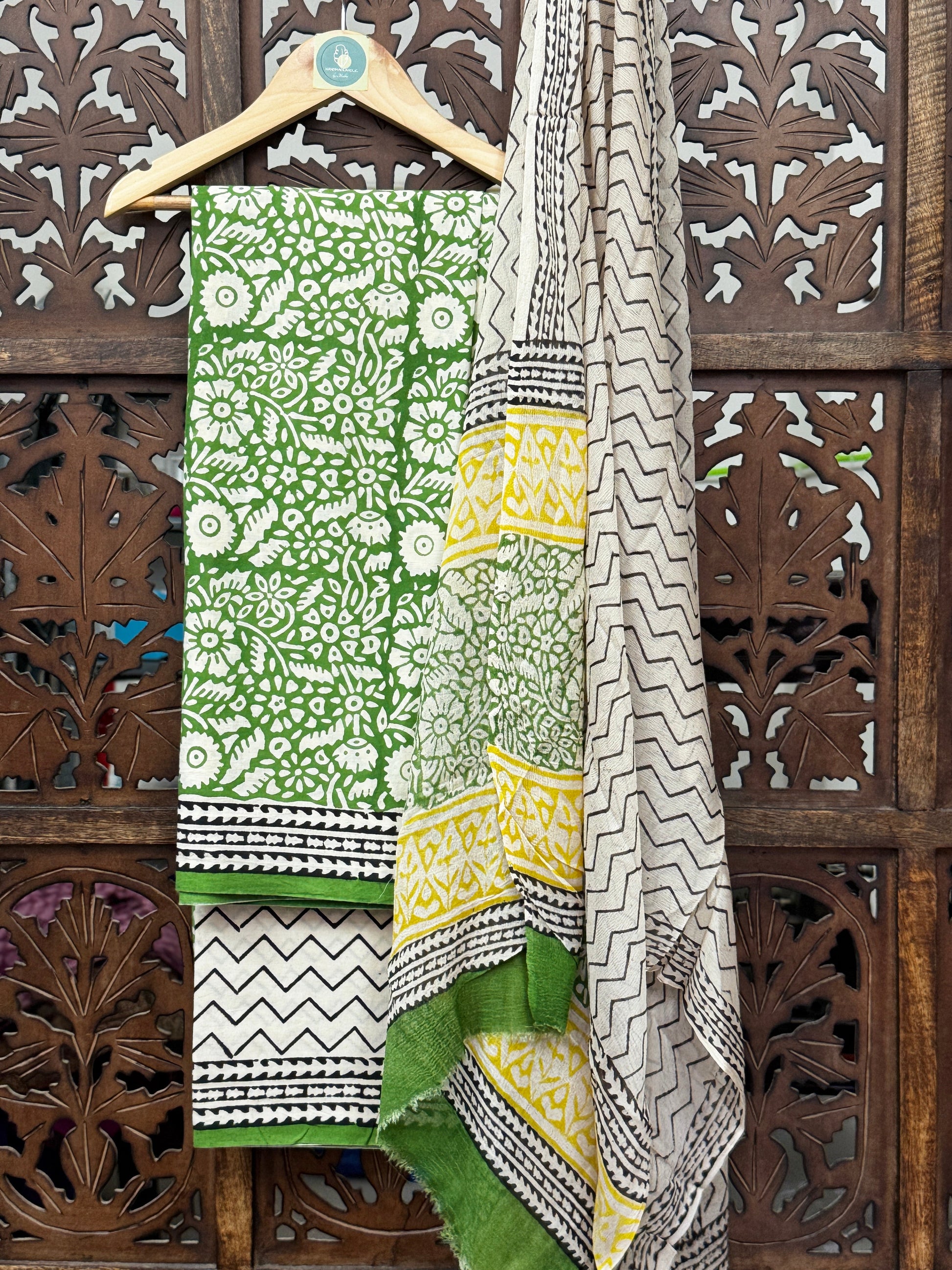 Handblock Lime & Indigo Shibori-Inspired Mul Cotton Unstitched Suit Set with Chiffon Dupatta HANDMADEAHOLIC BY MISHKA