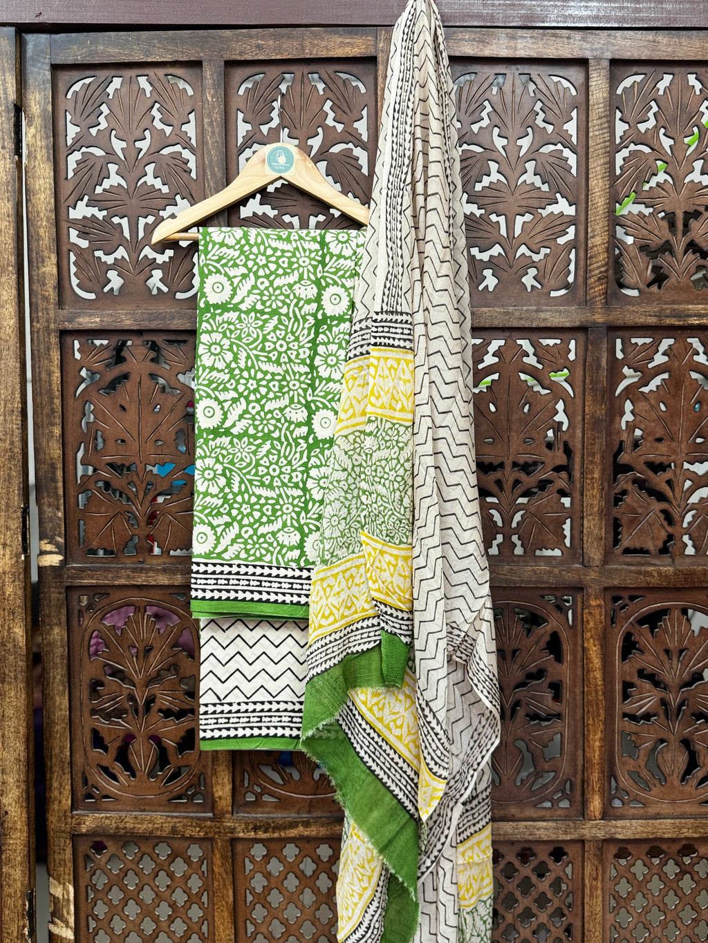 Handblock Lime & Indigo Shibori-Inspired Mul Cotton Unstitched Suit Set with Chiffon Dupatta HANDMADEAHOLIC BY MISHKA