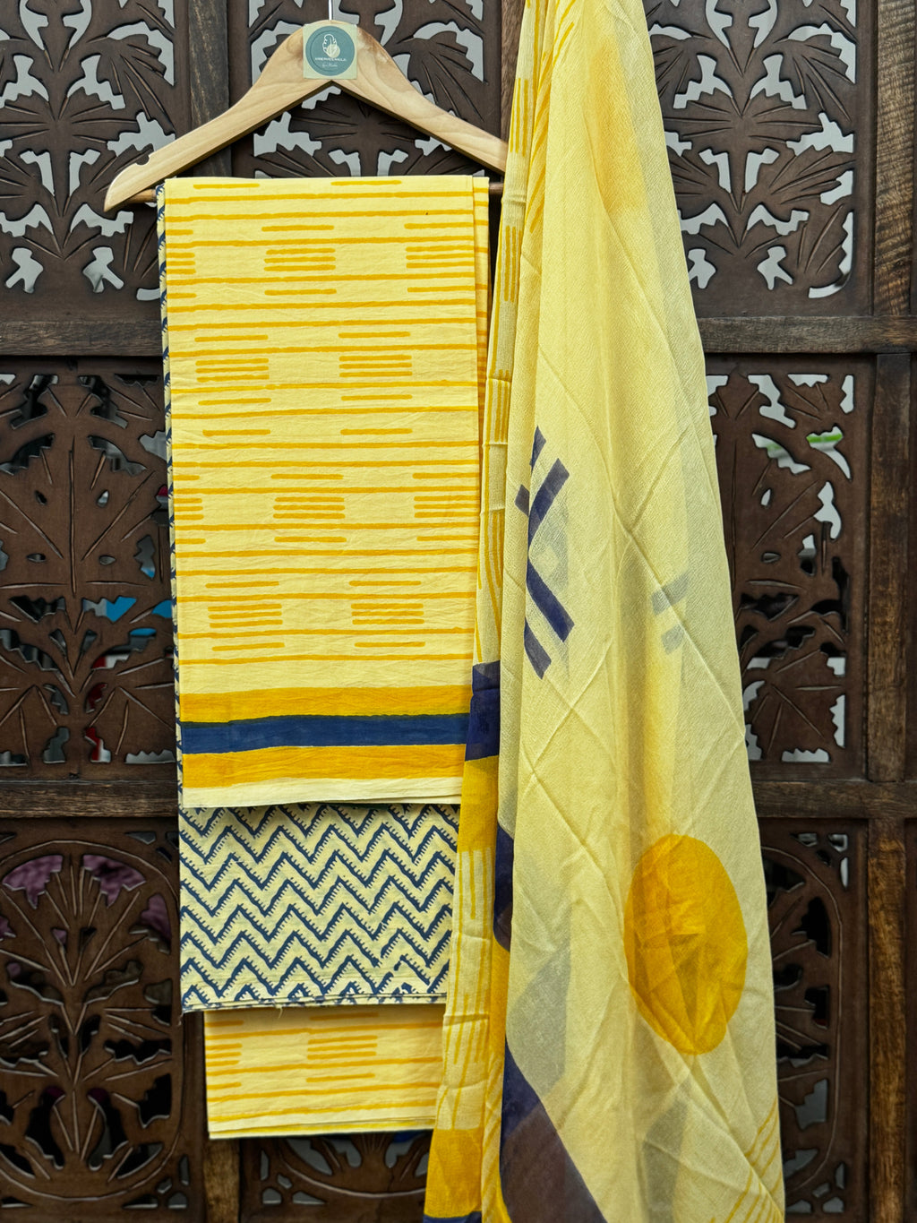 Artisanal Sunshine: Handblock Printed Mul Cotton Unstitched Suit Set with Chiffon Dupatta HANDMADEAHOLIC BY MISHKA