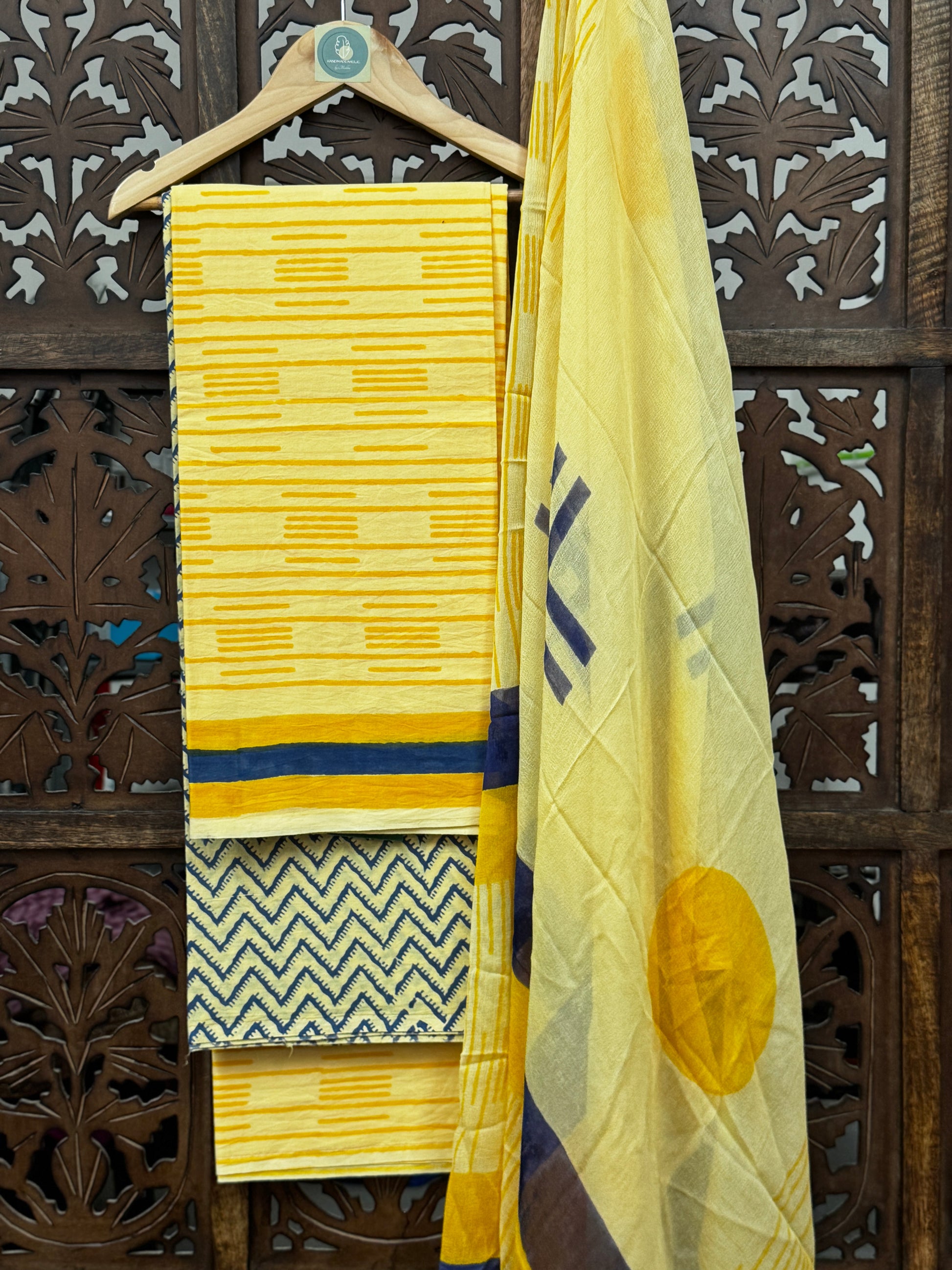 Artisanal Sunshine: Handblock Printed Mul Cotton Unstitched Suit Set with Chiffon Dupatta HANDMADEAHOLIC BY MISHKA