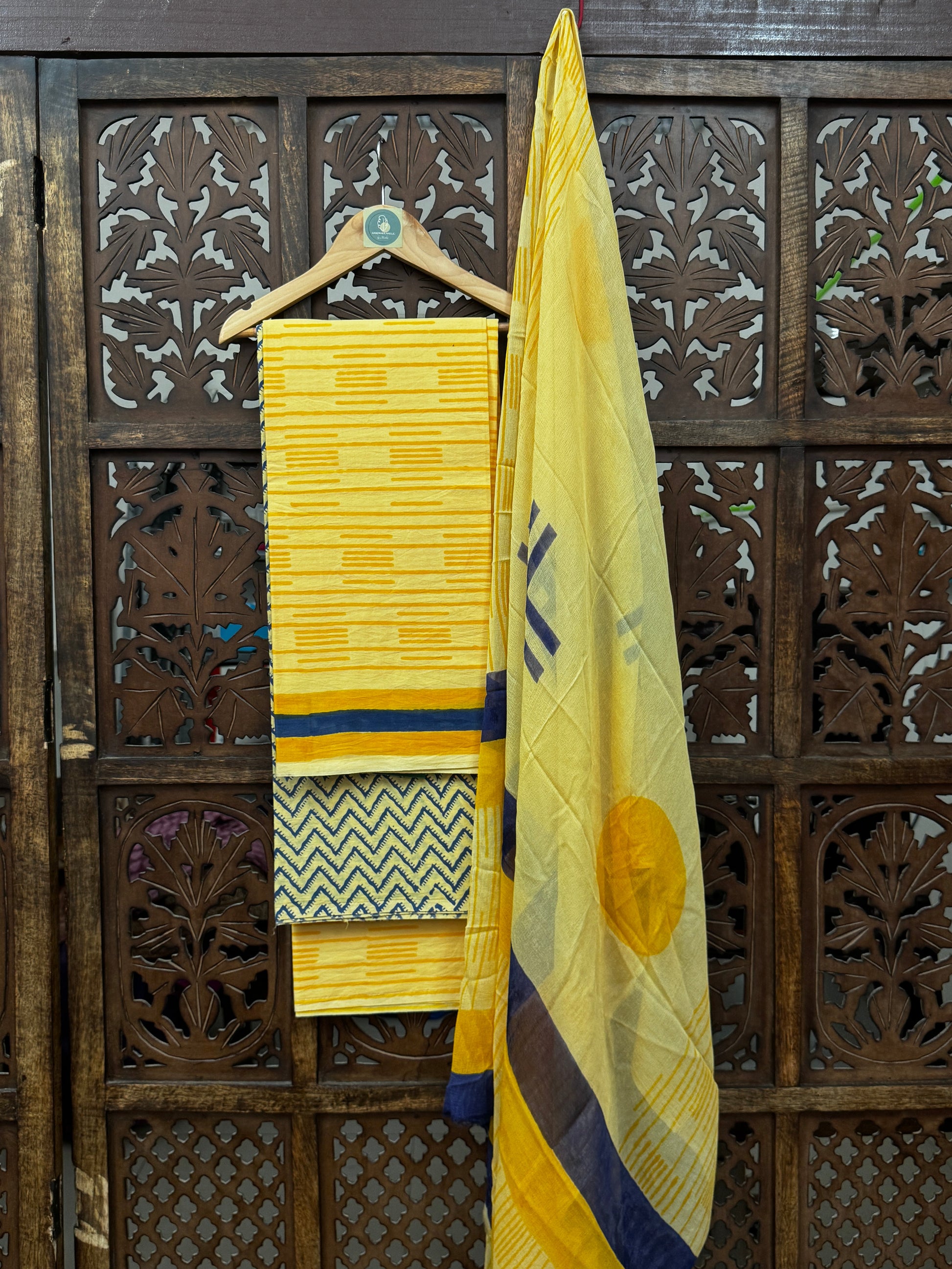 Artisanal Sunshine: Handblock Printed Mul Cotton Unstitched Suit Set with Chiffon Dupatta HANDMADEAHOLIC BY MISHKA