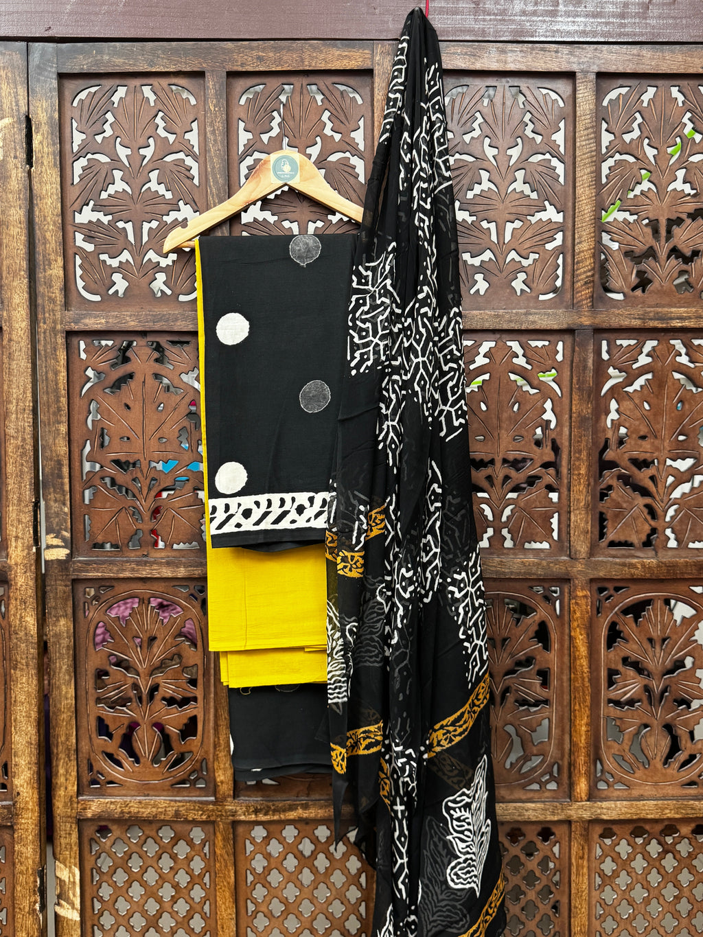 Midnight & Mustard Handblock Mul Cotton Unstitched Suit Set with Chiffon Dupatta HANDMADEAHOLIC BY MISHKA