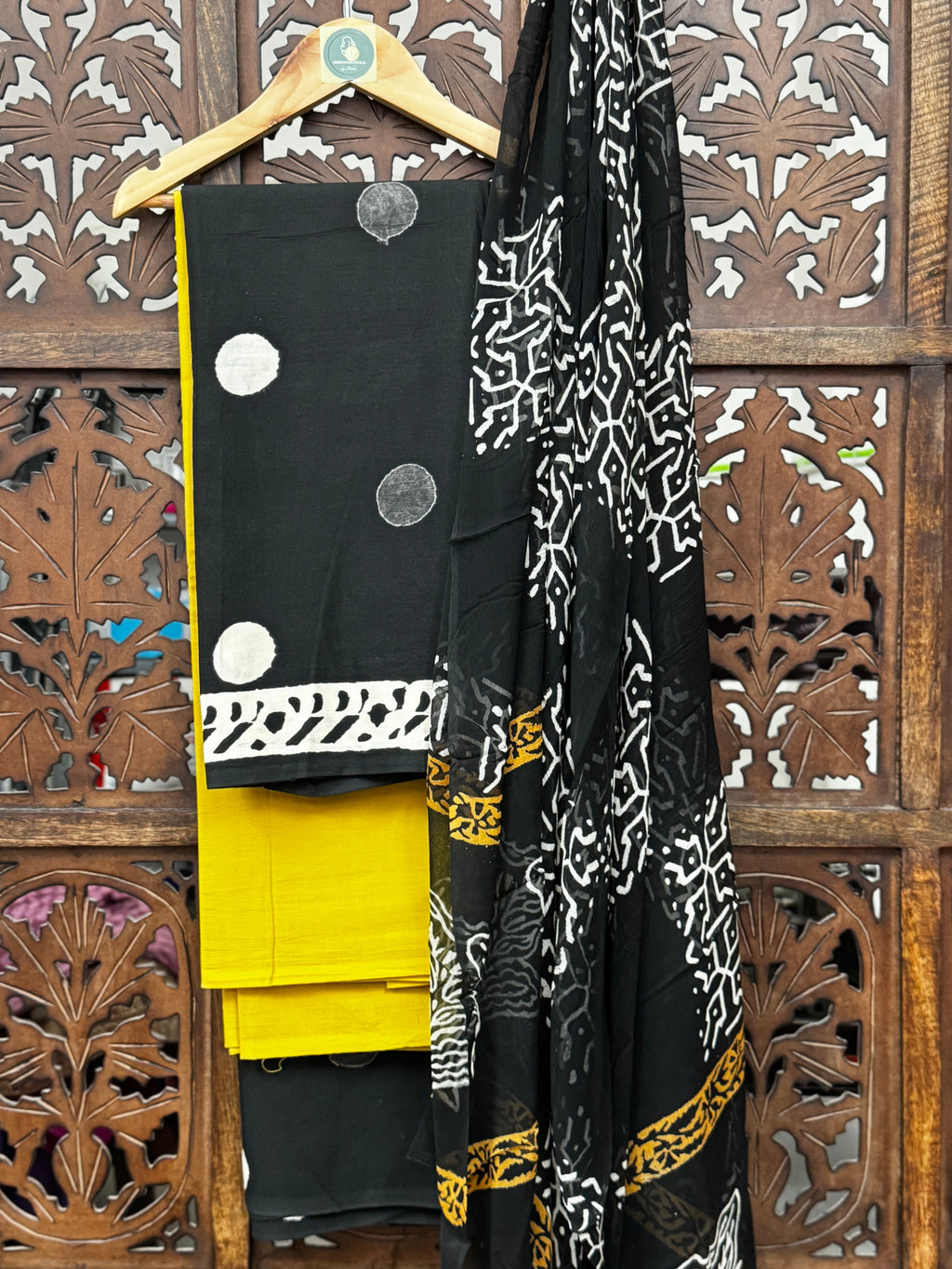 Midnight & Mustard Handblock Mul Cotton Unstitched Suit Set with Chiffon Dupatta HANDMADEAHOLIC BY MISHKA