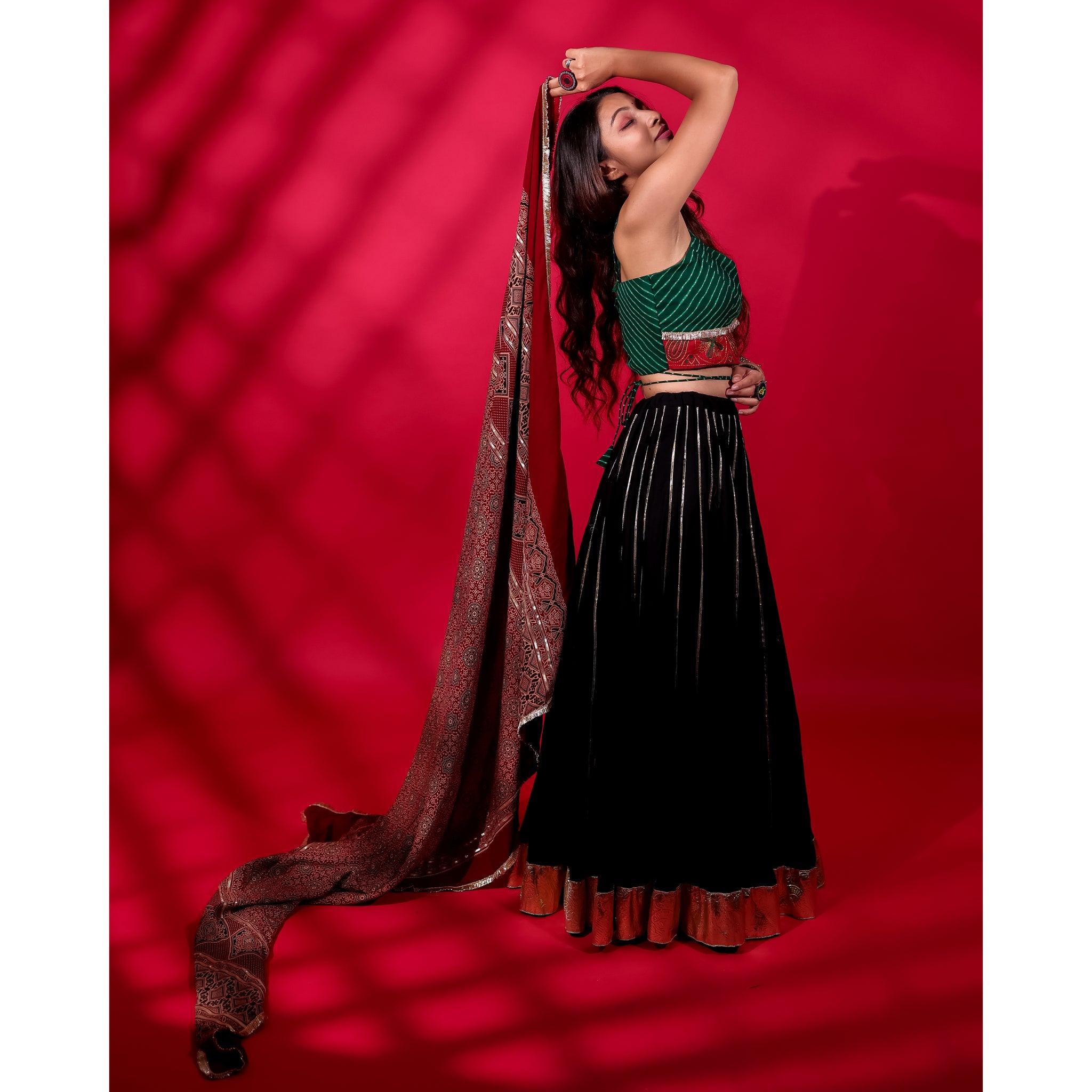 GREEN & BLACK KALI CHANIYA CHOLI WITH AJRAKH DUPATTA HANDMADEAHOLIC BY MISHKA