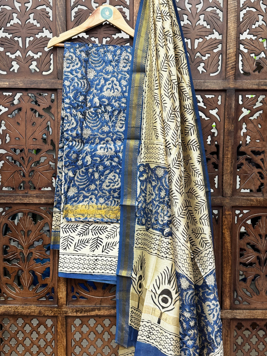 Indigo Heritage: Maheshwari Silk Handblock Suit Set with Cotton Bottom HANDMADEAHOLIC BY MISHKA