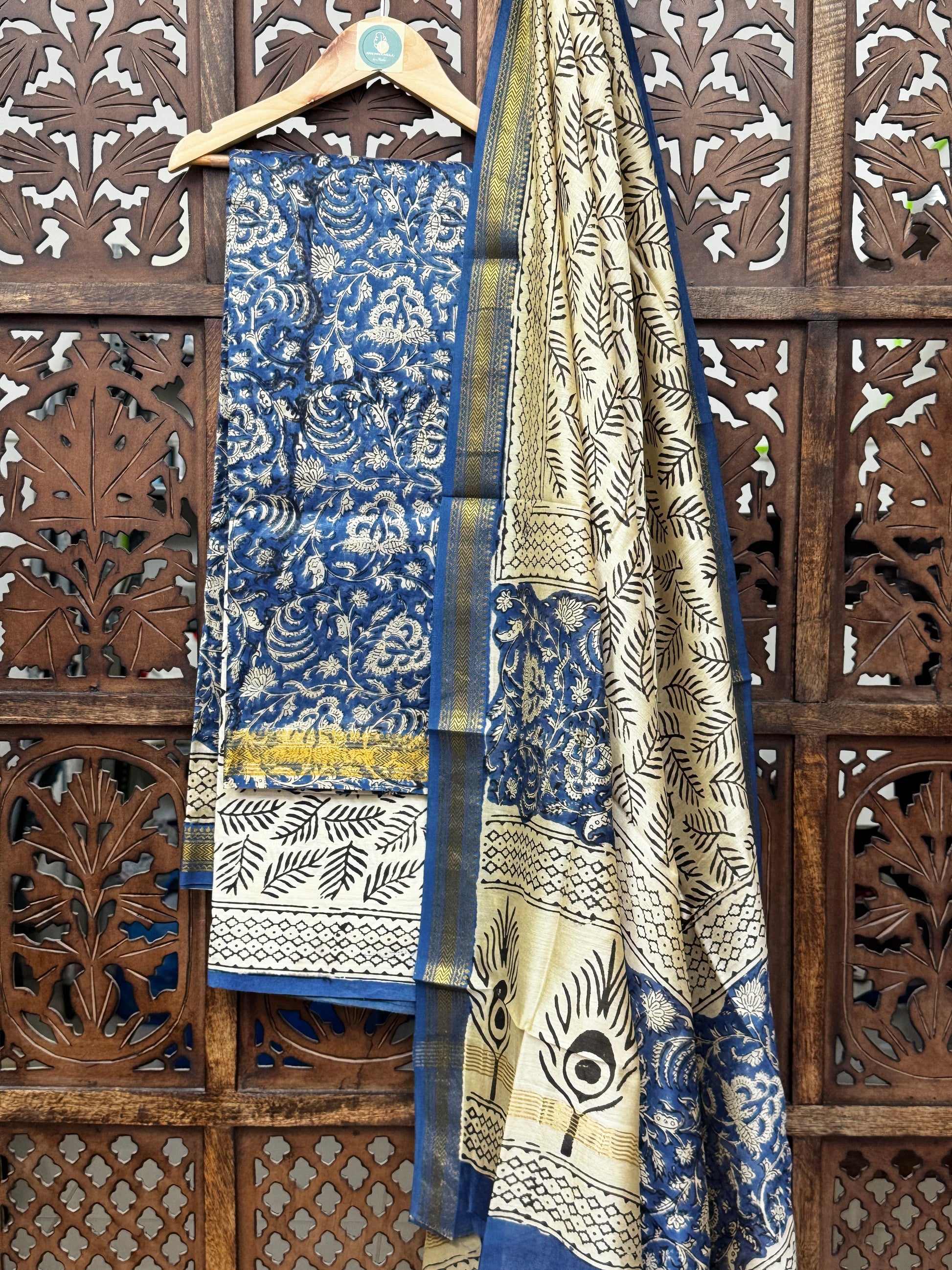 Indigo Heritage: Maheshwari Silk Handblock Suit Set with Cotton Bottom HANDMADEAHOLIC BY MISHKA