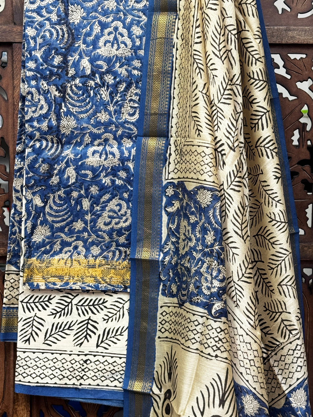 Indigo Heritage: Maheshwari Silk Handblock Suit Set with Cotton Bottom HANDMADEAHOLIC BY MISHKA