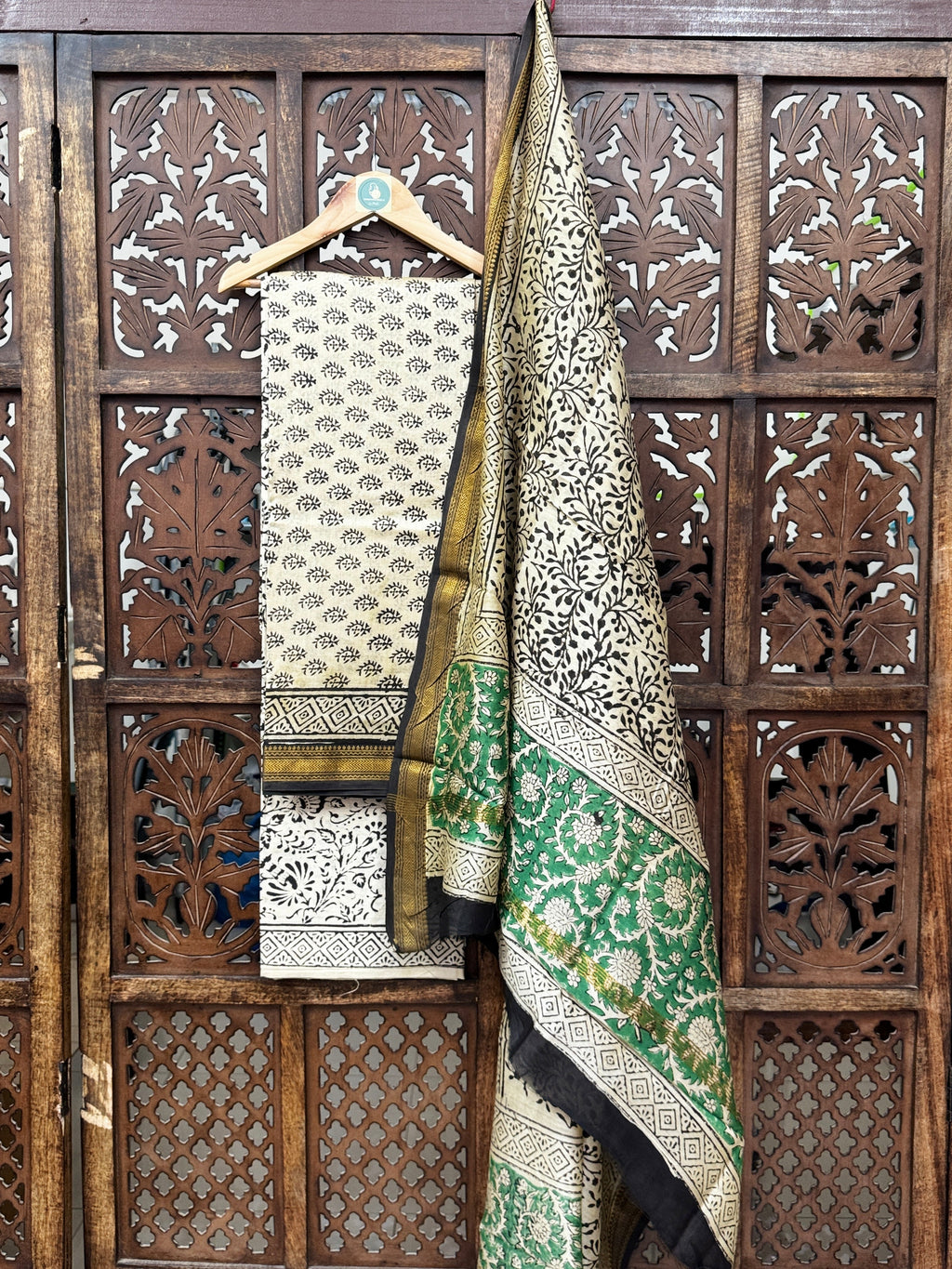 Emerald & Ebony Handblock Maheshwari Silk Unstitched Suit Set HANDMADEAHOLIC BY MISHKA