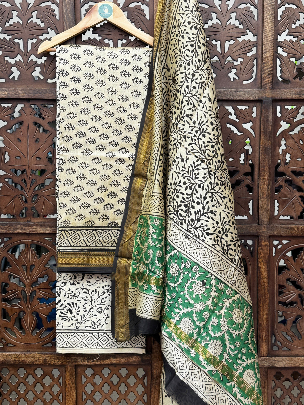 Emerald & Ebony Handblock Maheshwari Silk Unstitched Suit Set HANDMADEAHOLIC BY MISHKA