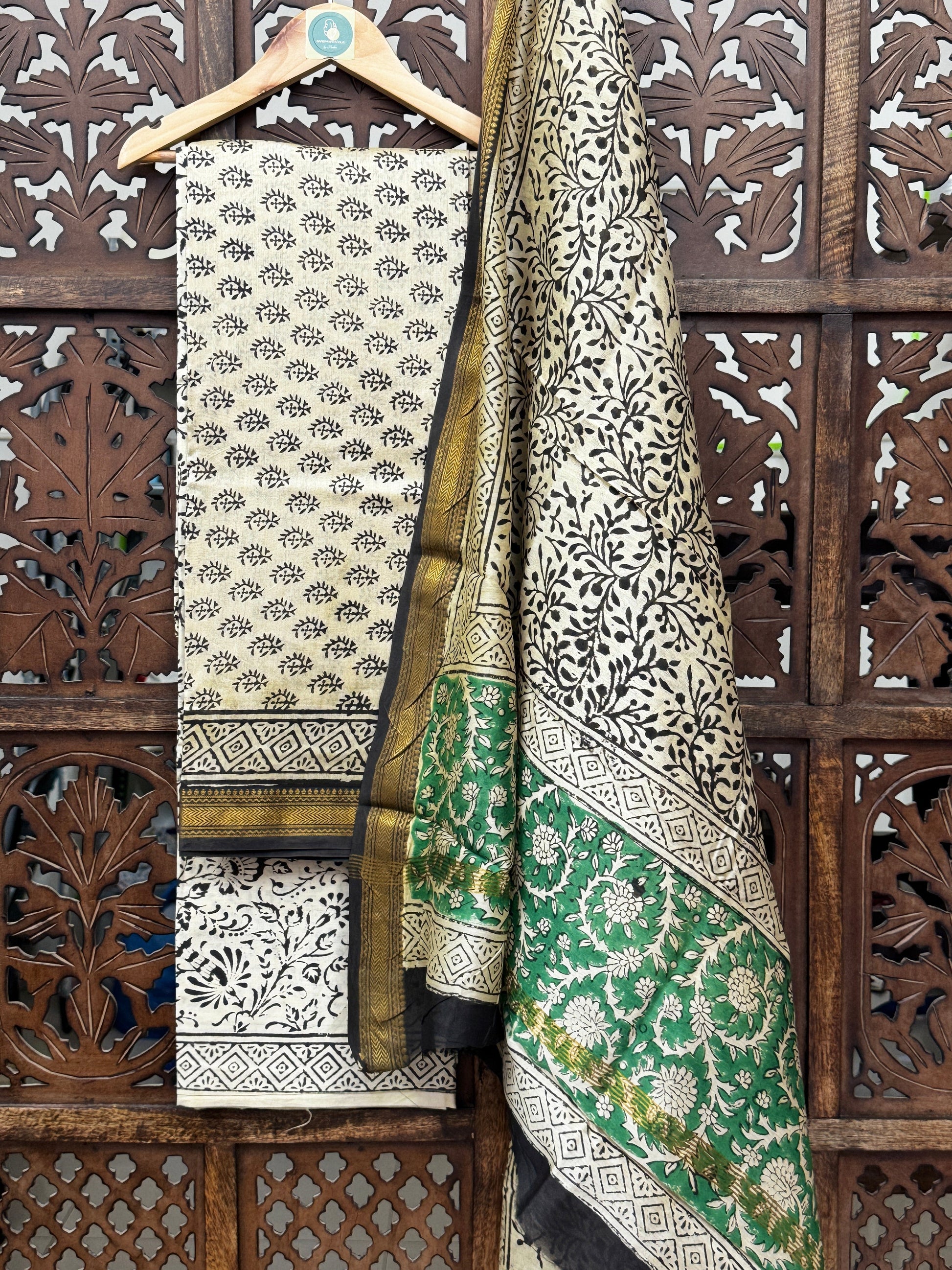 Emerald & Ebony Handblock Maheshwari Silk Unstitched Suit Set HANDMADEAHOLIC BY MISHKA