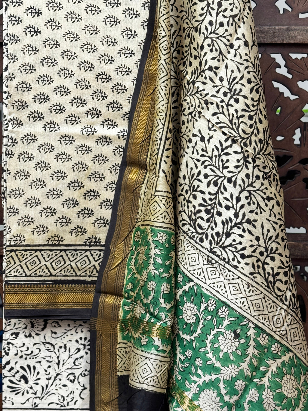 Emerald & Ebony Handblock Maheshwari Silk Unstitched Suit Set HANDMADEAHOLIC BY MISHKA