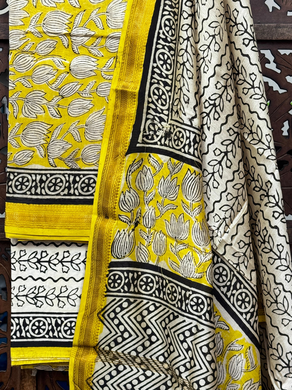 Handblock Printed Maheshwari Silk Unstitched Suit Set – Sun-Kissed Yellow & Charcoal HANDMADEAHOLIC BY MISHKA