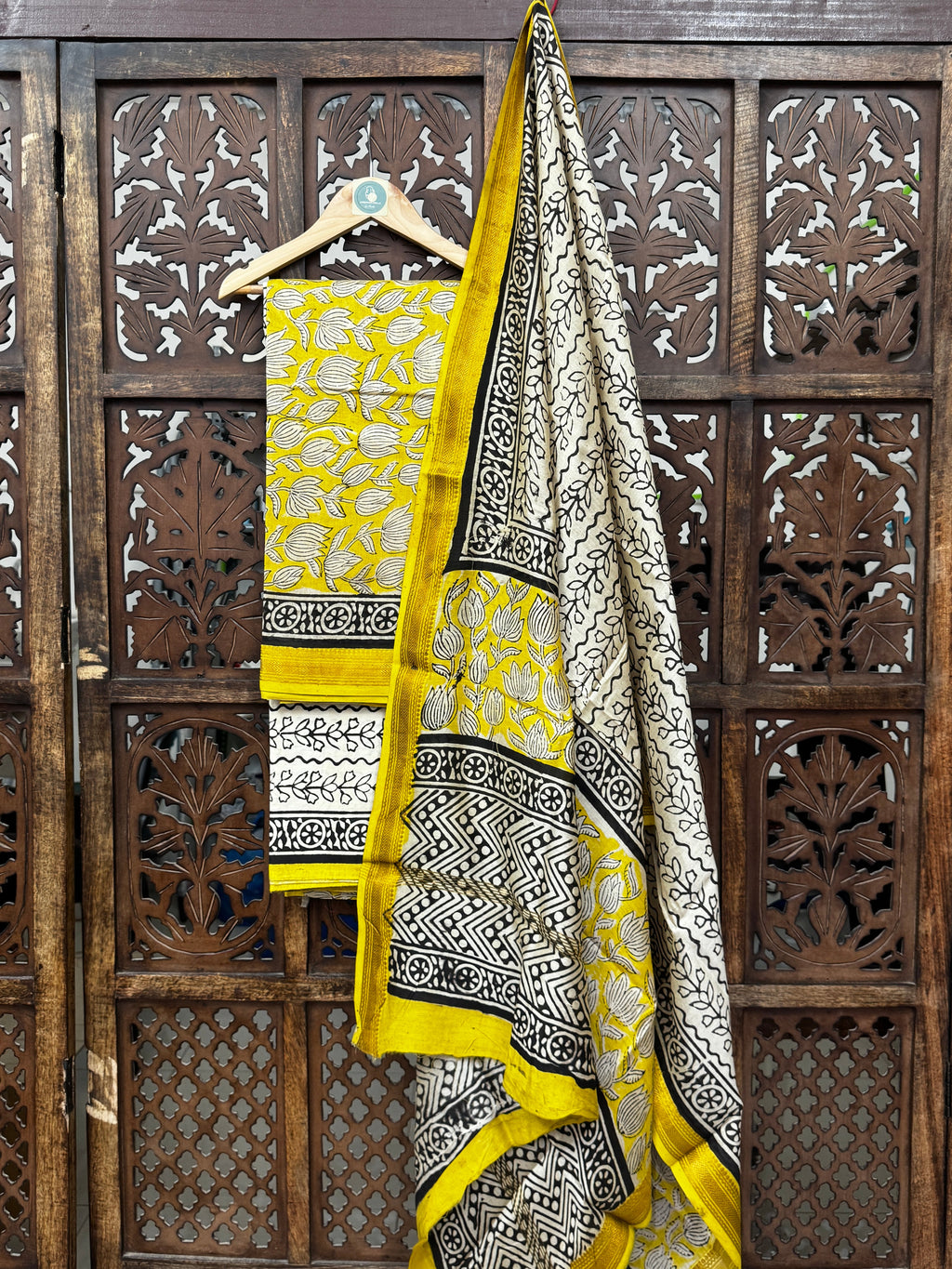 Handblock Printed Maheshwari Silk Unstitched Suit Set – Sun-Kissed Yellow & Charcoal HANDMADEAHOLIC BY MISHKA