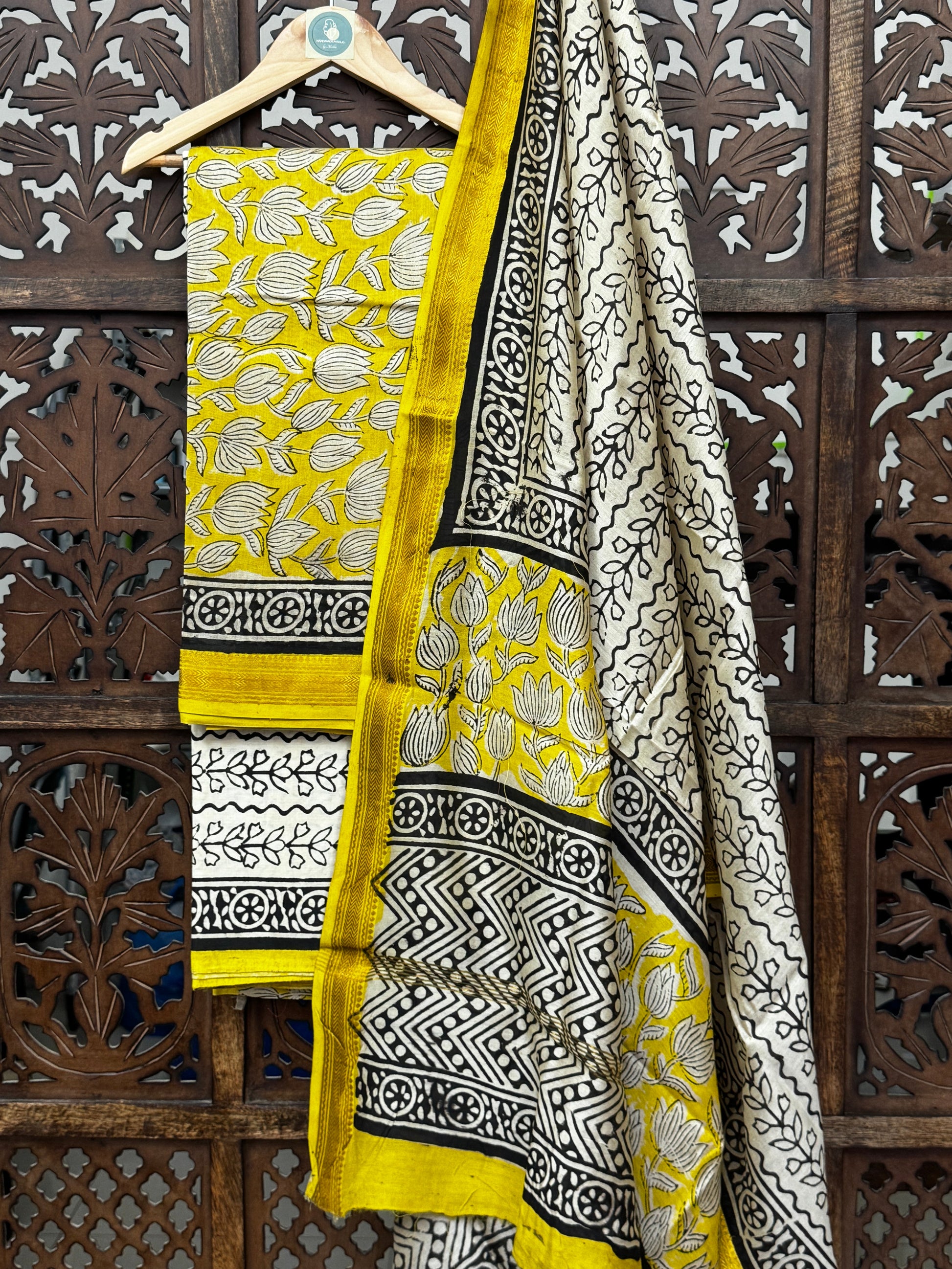 Handblock Printed Maheshwari Silk Unstitched Suit Set – Sun-Kissed Yellow & Charcoal HANDMADEAHOLIC BY MISHKA