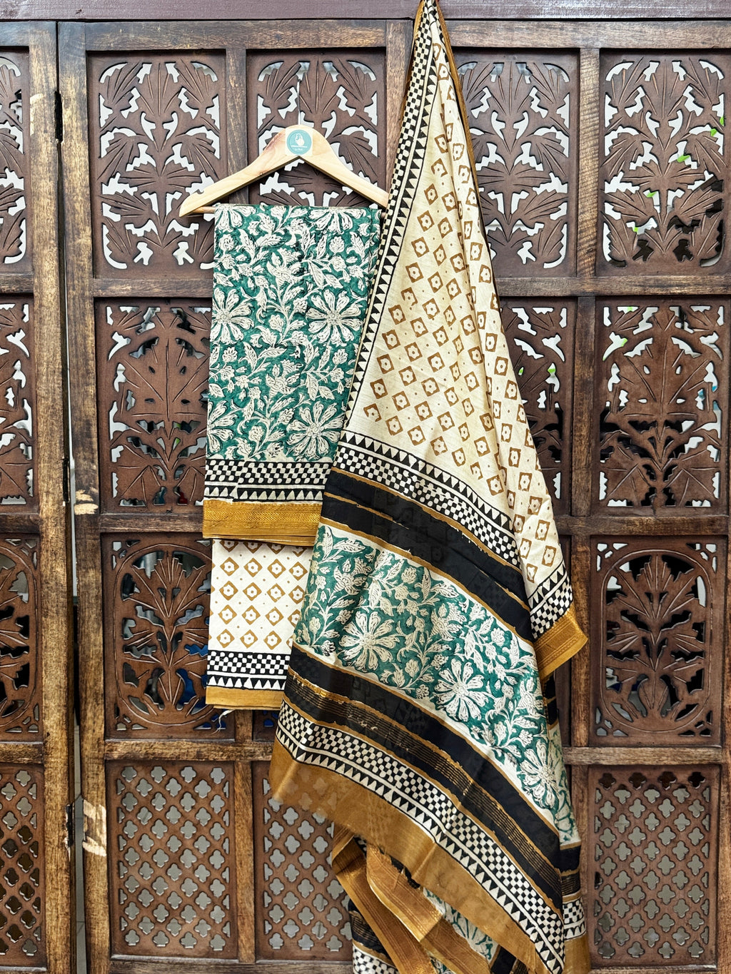 Ethereal Verdant – Handblocked Maheshwari Silk Suit Set HANDMADEAHOLIC BY MISHKA