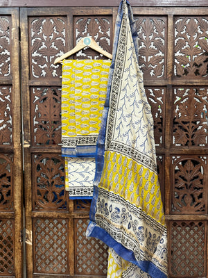 Handblock Maheshwari Silk Suit Set – Sun-Kissed Yellow & Indigo Vine Fusion HANDMADEAHOLIC BY MISHKA
