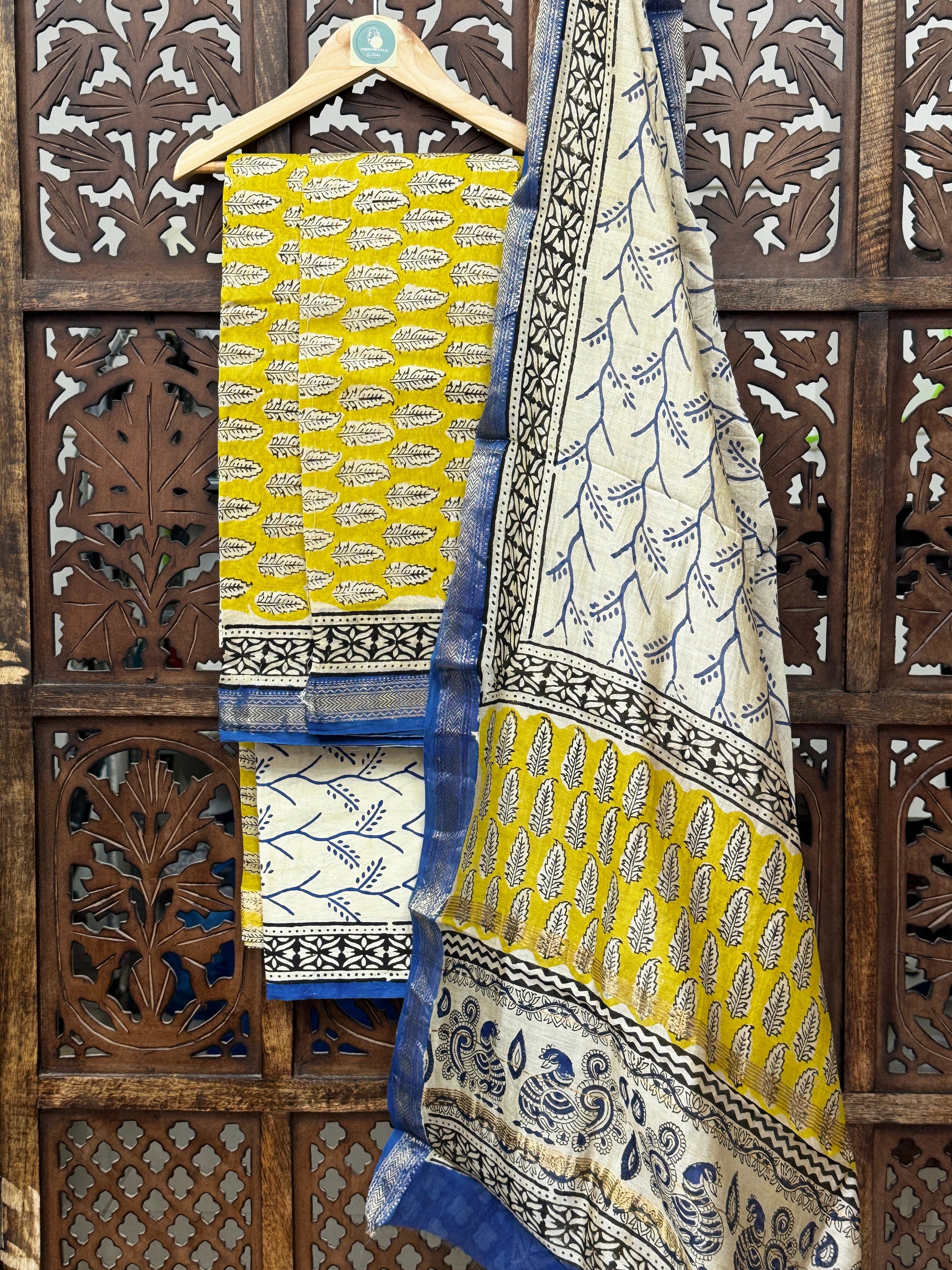 Handblock Maheshwari Silk Suit Set – Sun-Kissed Yellow & Indigo Vine Fusion HANDMADEAHOLIC BY MISHKA