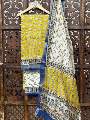 Handblock Maheshwari Silk Suit Set – Sun-Kissed Yellow & Indigo Vine Fusion HANDMADEAHOLIC BY MISHKA