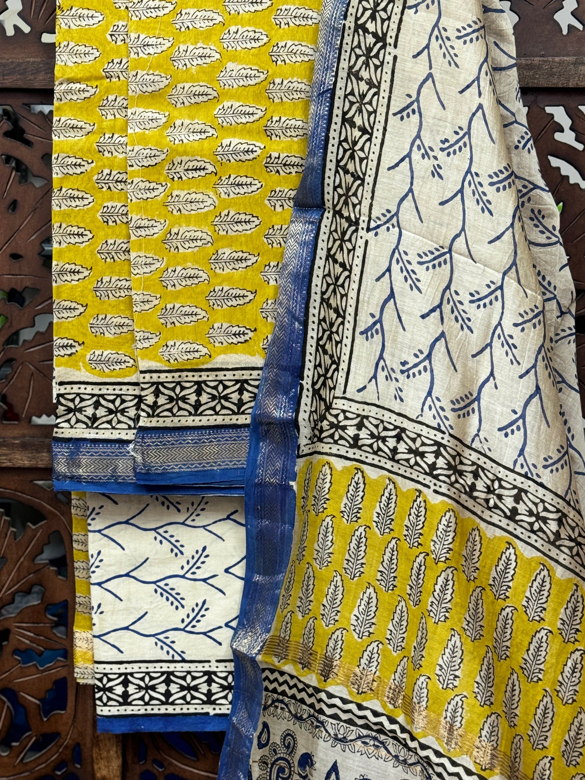 Handblock Maheshwari Silk Suit Set – Sun-Kissed Yellow & Indigo Vine Fusion HANDMADEAHOLIC BY MISHKA