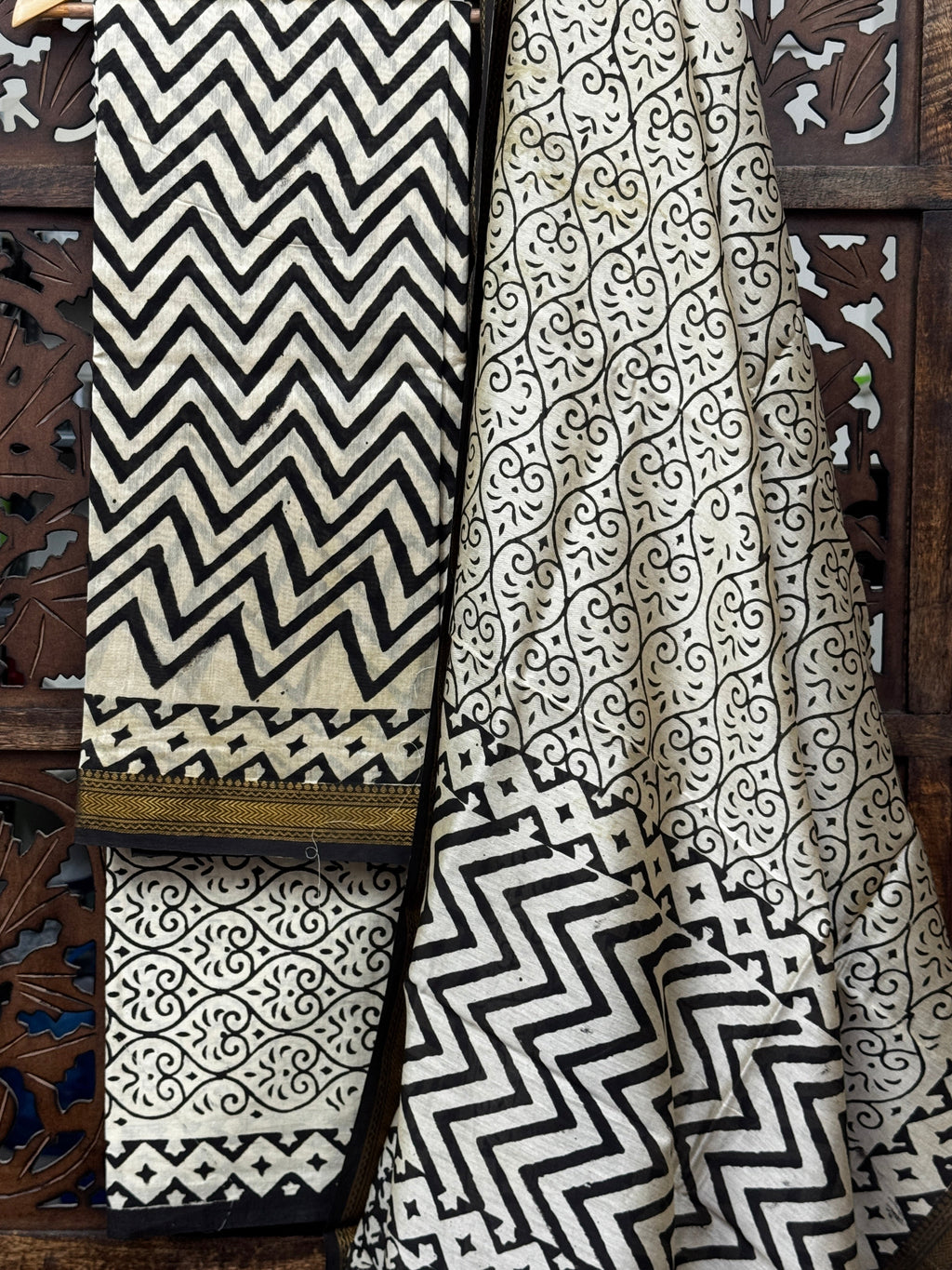 Monochrome Muse: Maheshwari Silk Handblock Suit Set with Chevron & Floral Accents HANDMADEAHOLIC BY MISHKA