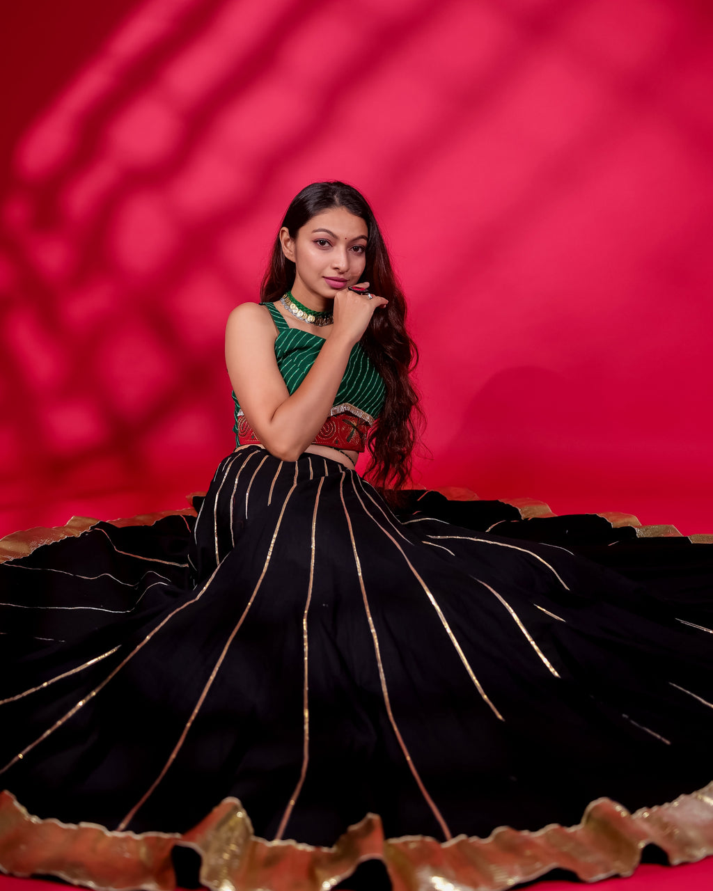 GREEN & BLACK KALI CHANIYA CHOLI WITH AJRAKH DUPATTA HANDMADEAHOLIC BY MISHKA