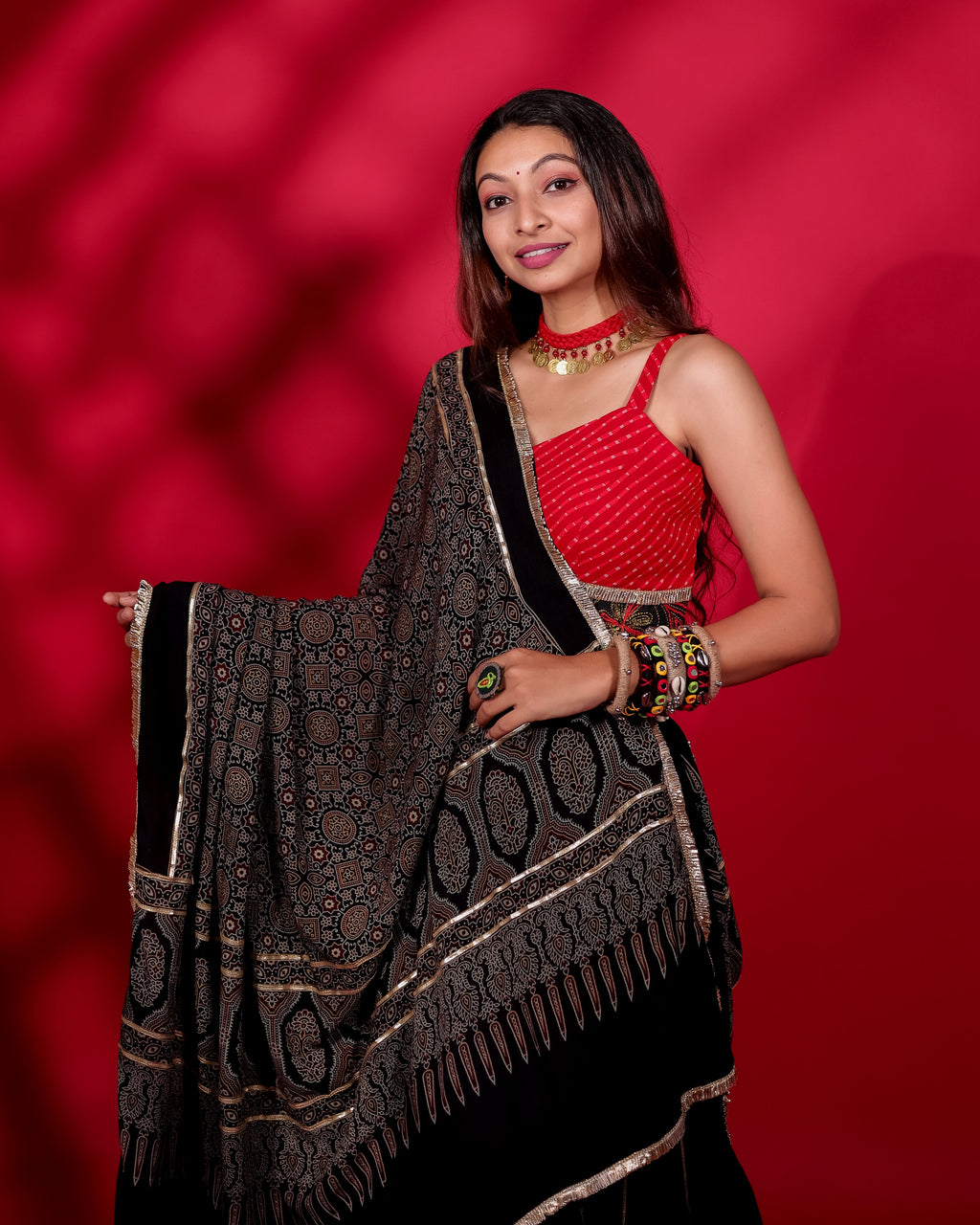 RED & BLACK KALI CHANIYA CHOLI WITH AJRAKH DUPATTA HANDMADEAHOLIC BY MISHKA